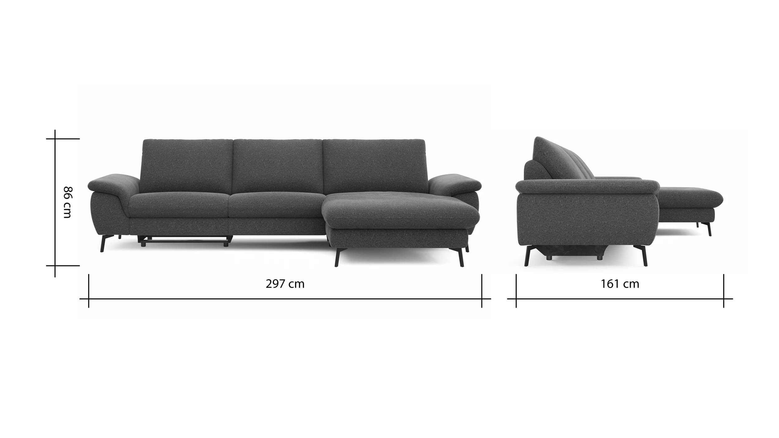 Ecksofa Gotera - 1,5-Sitzer med + 1,5-Sitzer med mit Longchair groß rechts inkl. Schlaffunktion (teilmotorisch), Armlehne klappbar, Rückenlehne verstellbar  und einmal Relaxfunktion (teilmotorisch), Stoff, Anthrazit