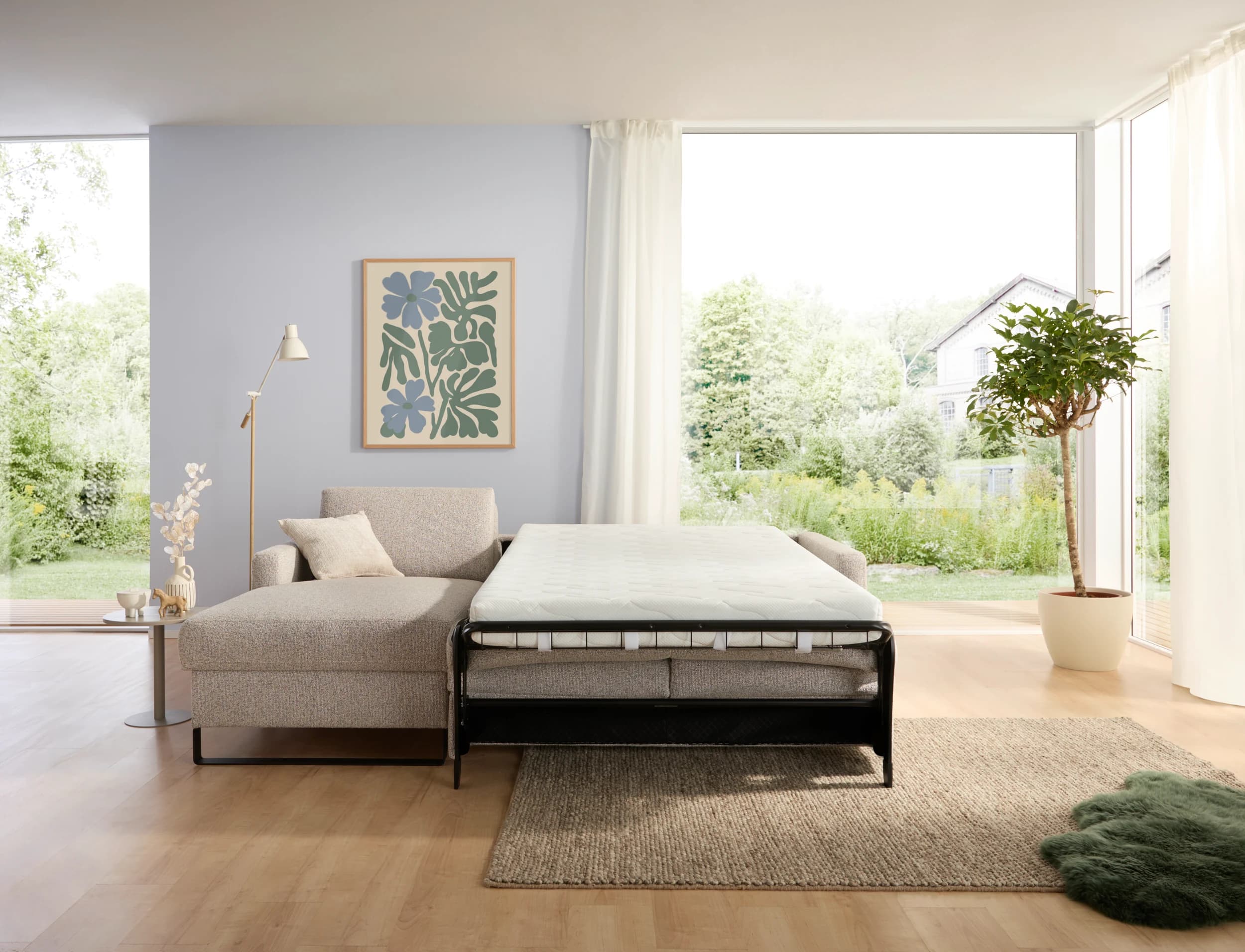 Schlafsofa Laredo - Longchair mit 2-Sitzer rechts inkl. Schlaffunktion mit Bettkasten, Stoff, Graubeige