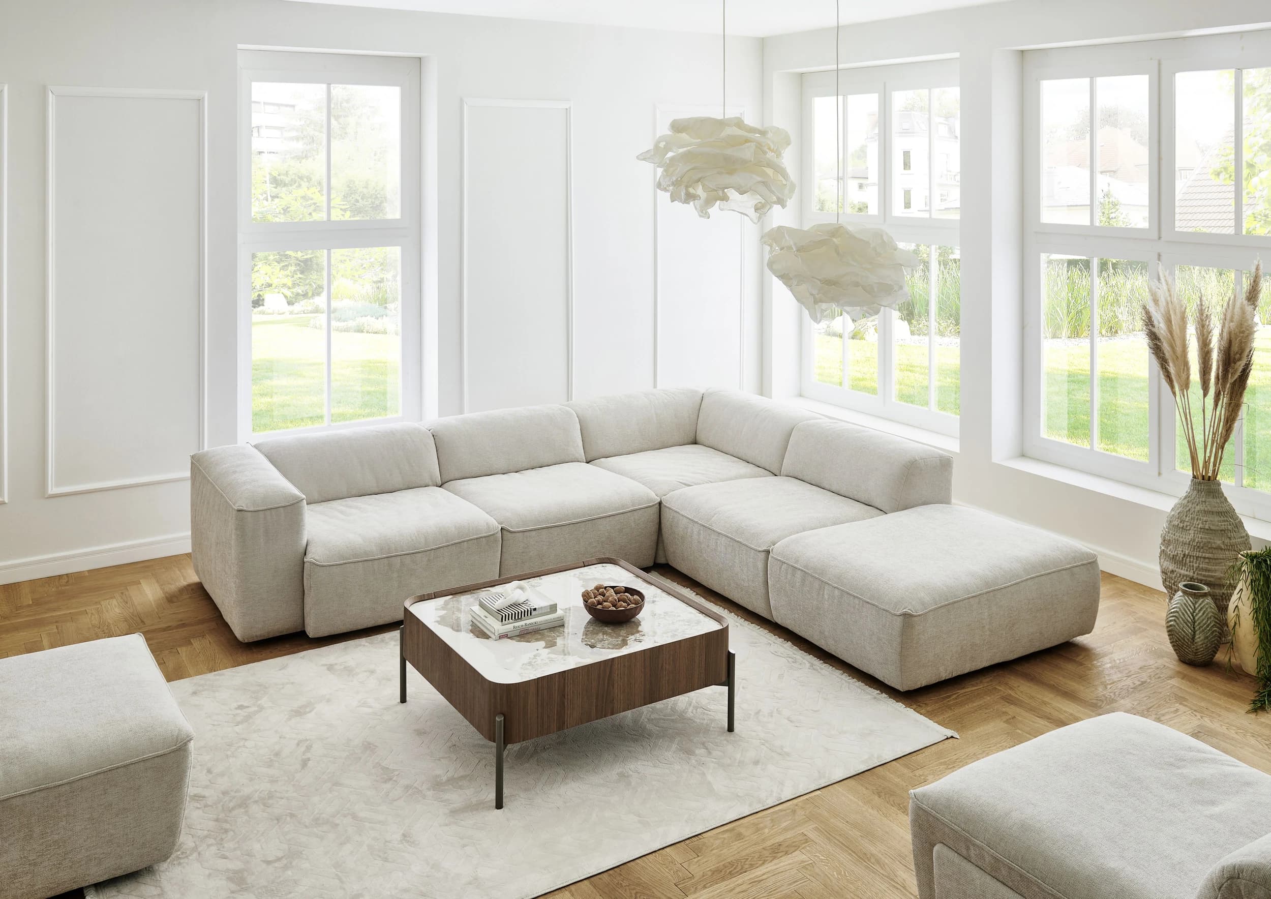 Ecksofa - 3-Sitzer mit Ecke rechts, Stoff, Natur