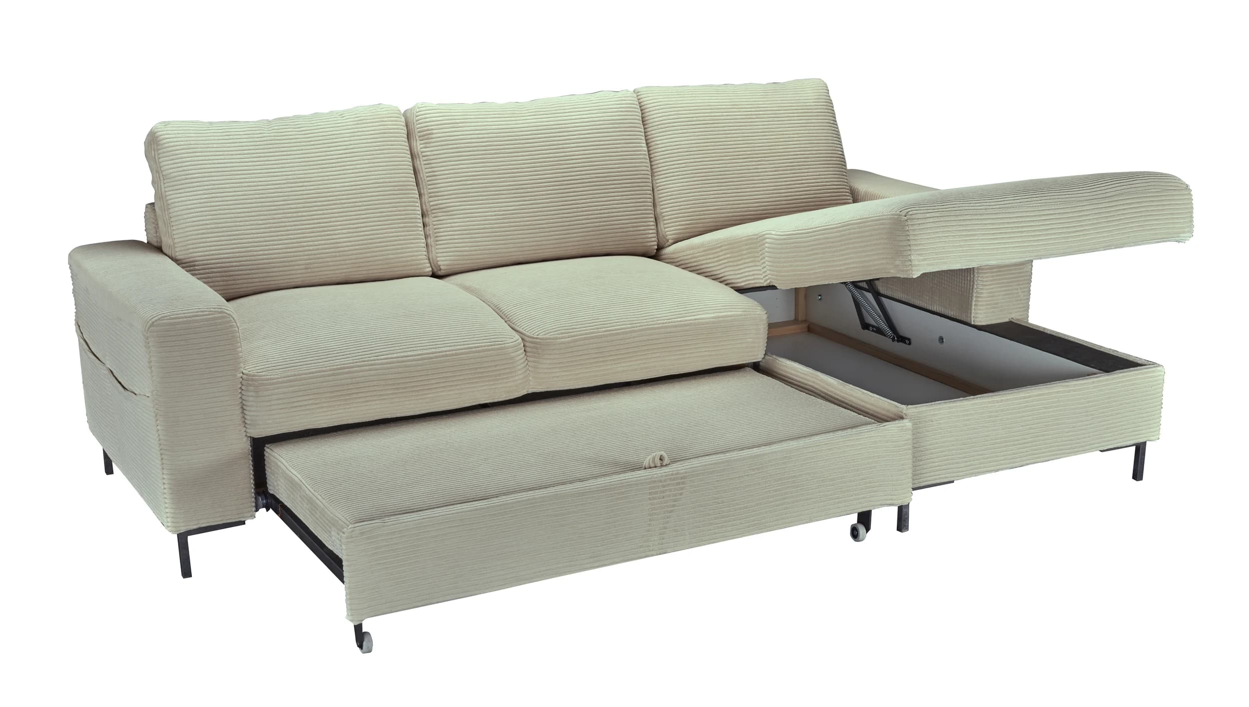 Ecksofa - 2-Sitzer mit Longchair rechts, Schlaffunktion mit Bettkasten, Stoff, Creme