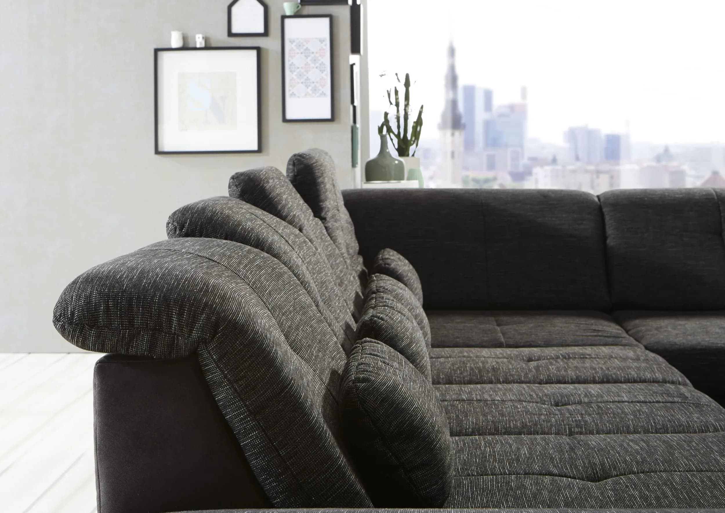 Wohnlandschaft - Longchair links mit 2,5-Sitzer und Ecke rechts, inkl. Sitztiefe verstellbar, Stoff, Schwarz/Anthrazit