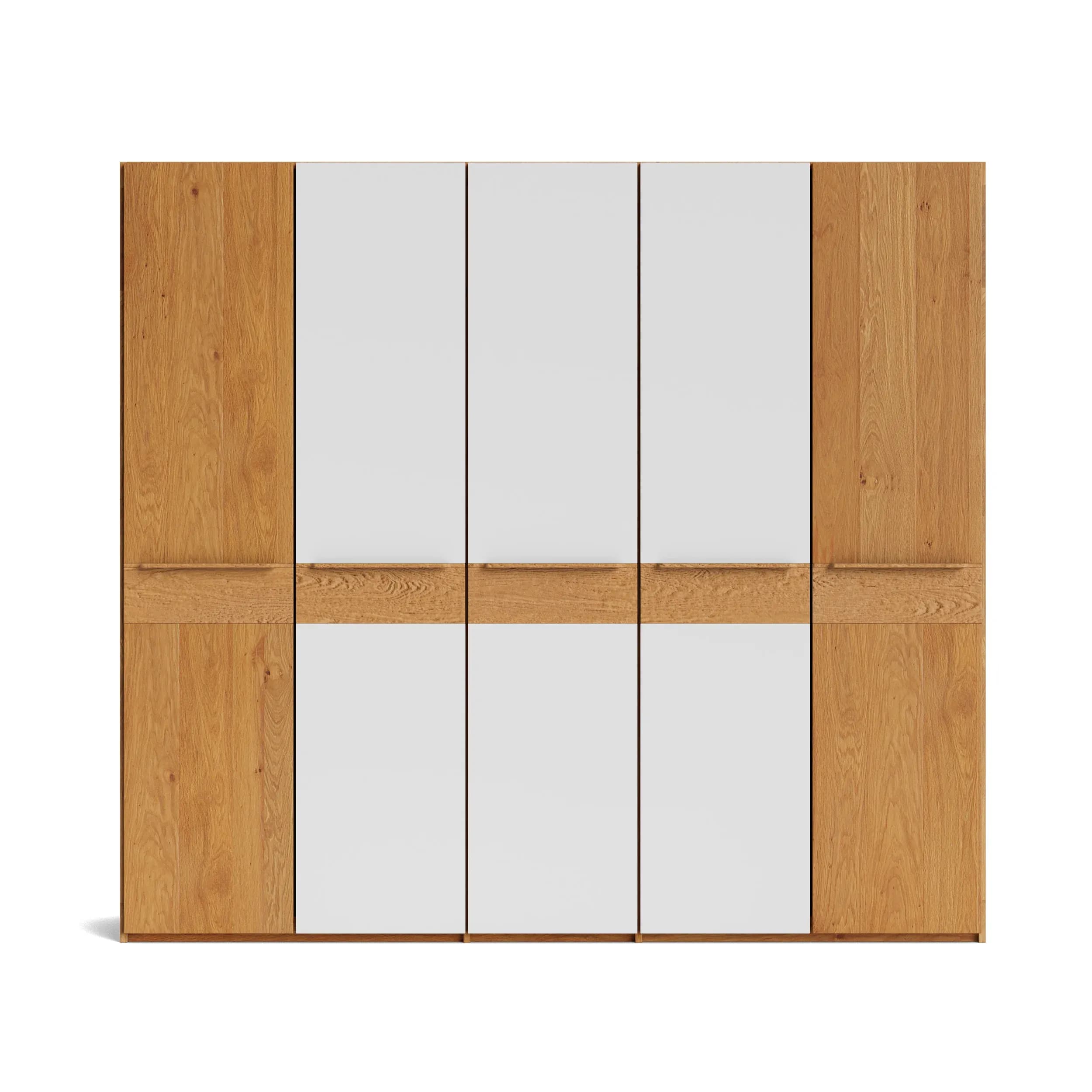 Drehtürenschrank Baltimore - B ca. 244 cm, Wildeiche massiv, Glas Cremeweiß matt
