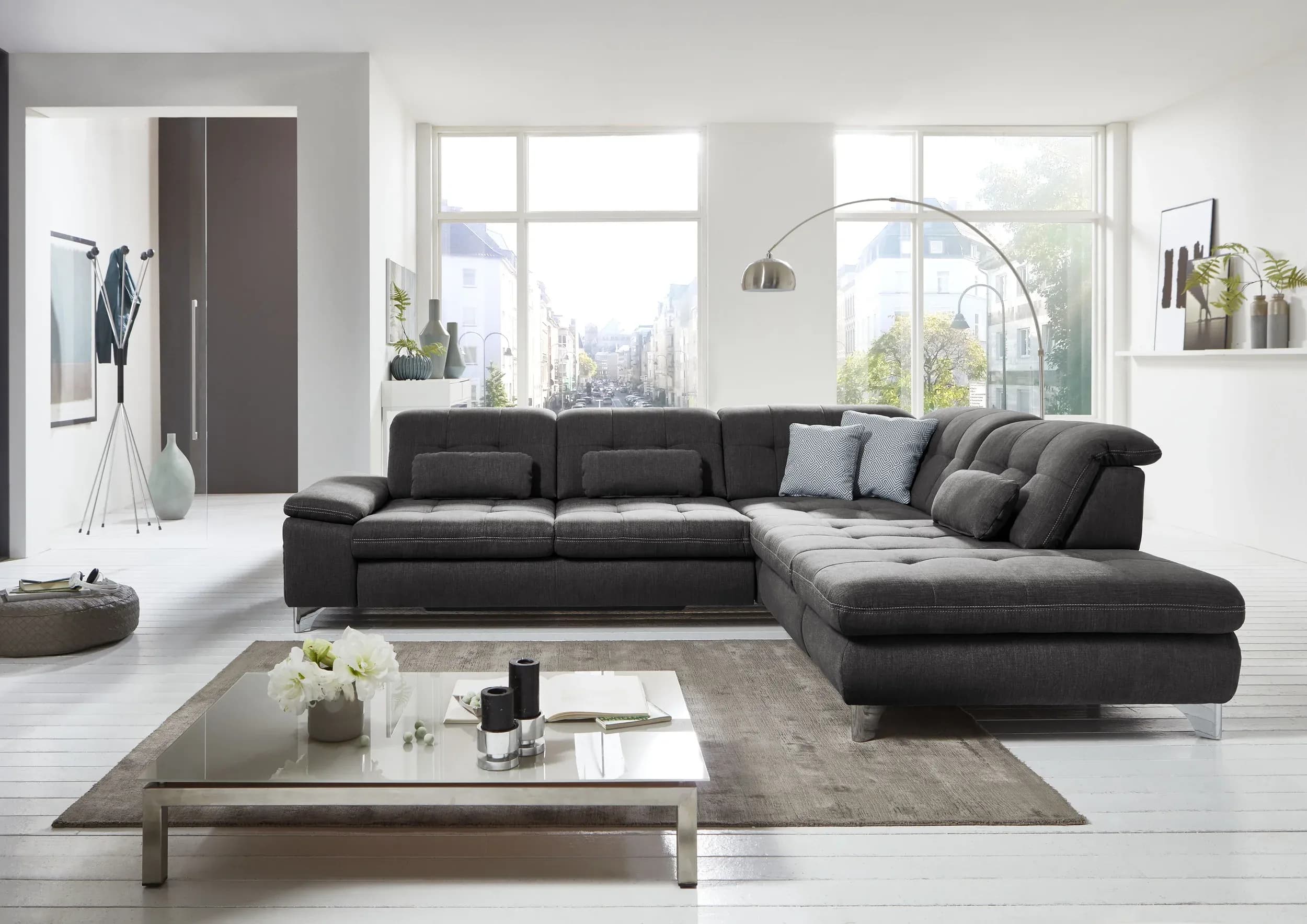 Ecksofa - 3-Sitzer mit Ecke rechts, Sitztiefe verstellbar, Stoff, Schwarz