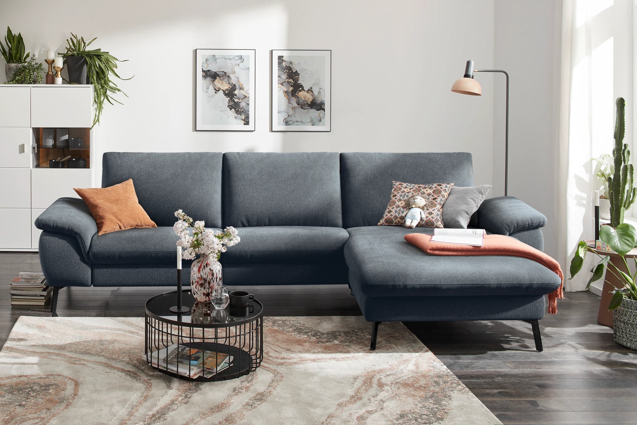 Ecksofa Gotera - 1,5-Sitzer med. + 1,5-Sitzer med. mit Longchair rechts inkl. Rückenlehne verstellbar, Stoff, Anthrazit