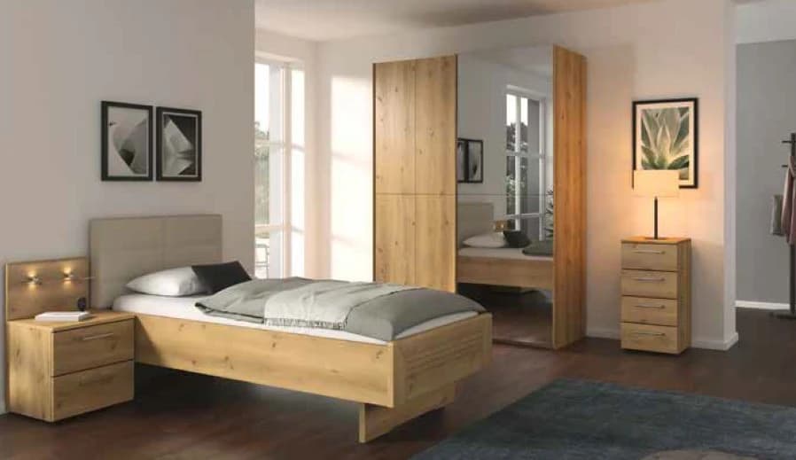 Bett - Liegefläche ca. 100x200 cm, mit Polsterkopfteil Champagner, Stollenfuß Asteiche Massiv