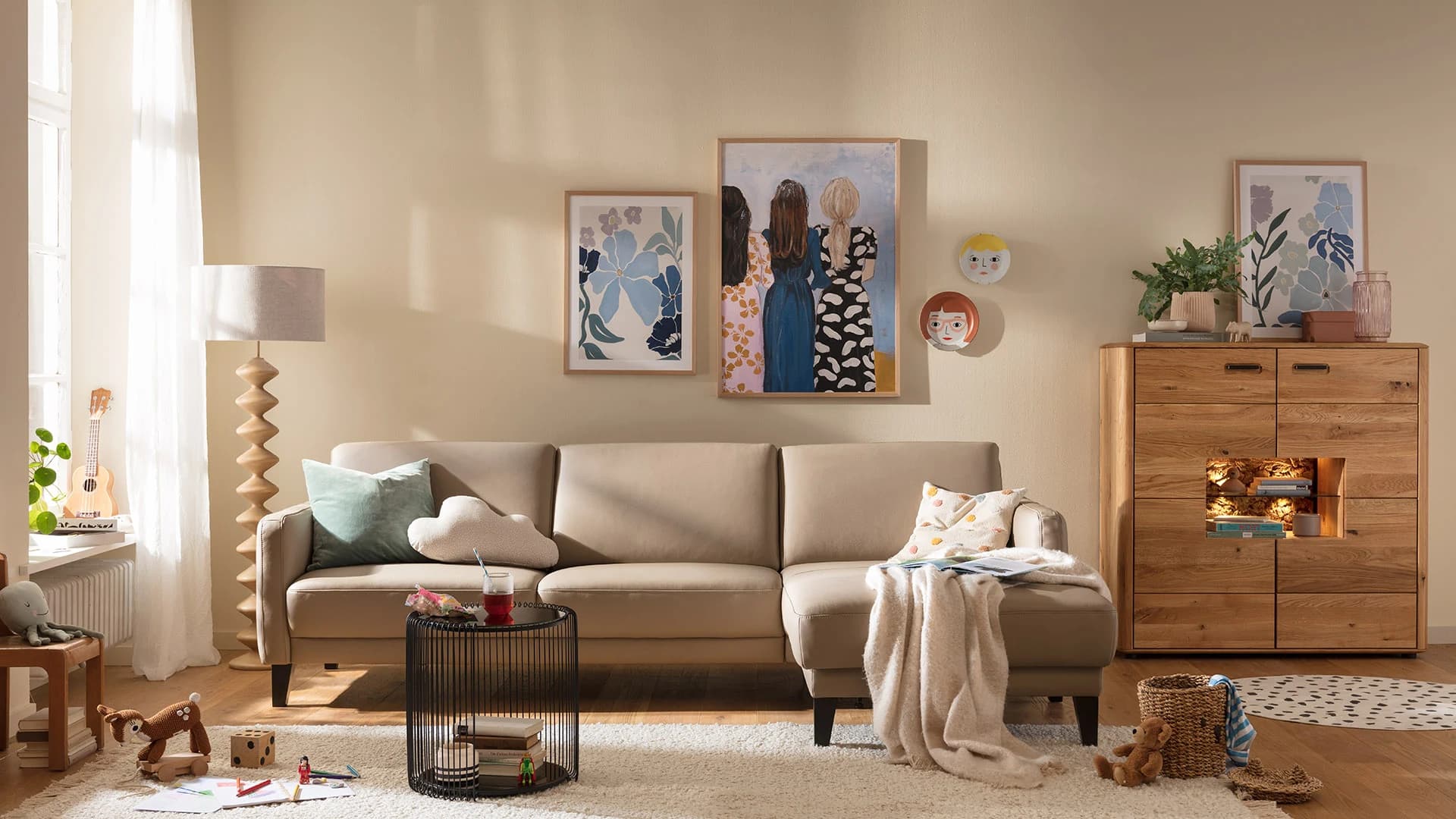 Ecksofa Matero - 2,5-Sitzer mit Longchair rechts, Leder, Taupe
