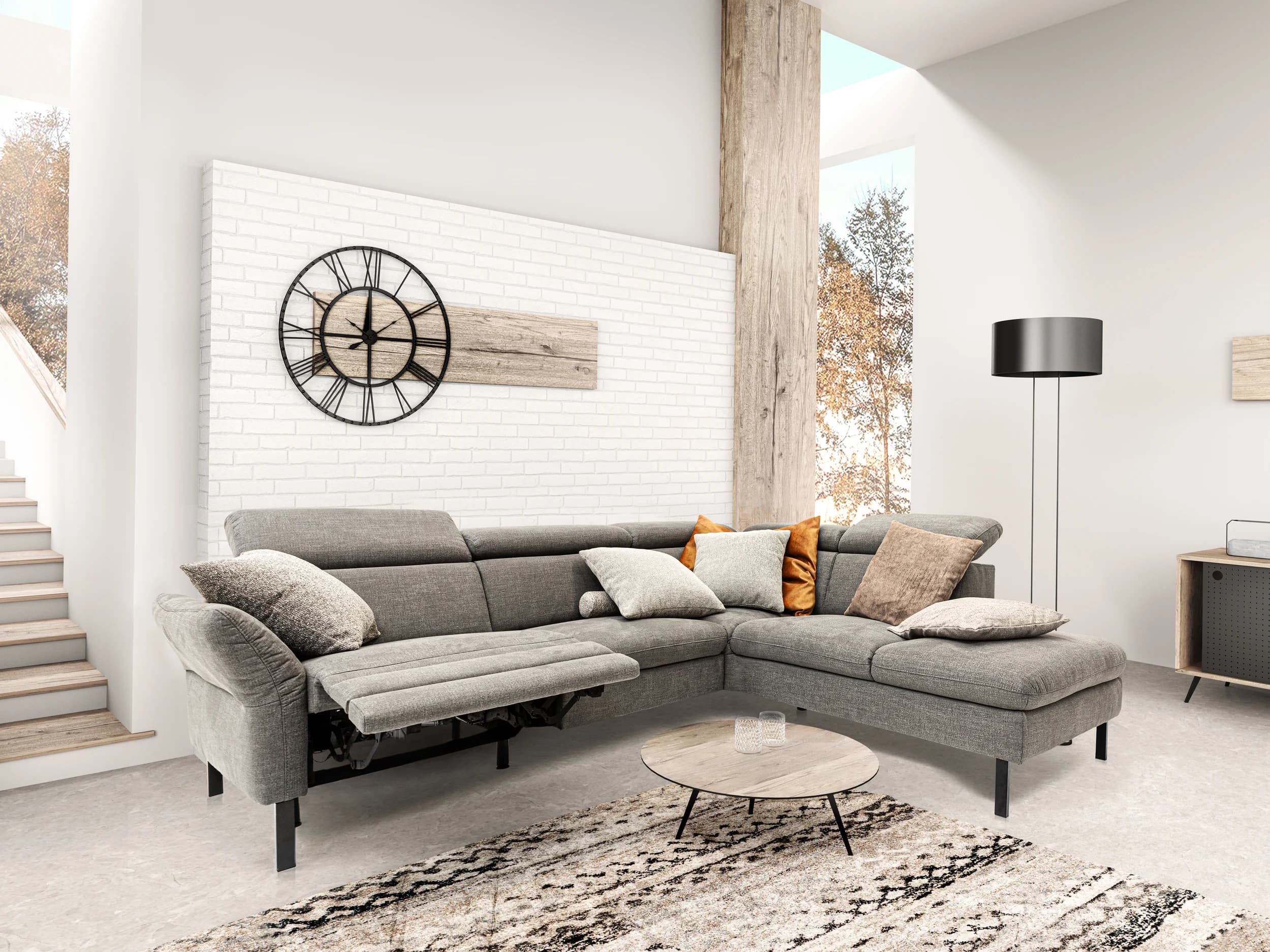 Ecksofa - 2,5-Sitzer mit Ecke rechts, Relaxfunktion (motorisch), Kopfstütze verstellbar (manuell), Armlehne verstellbar (manuell), Webstoff, Dunkelgrau