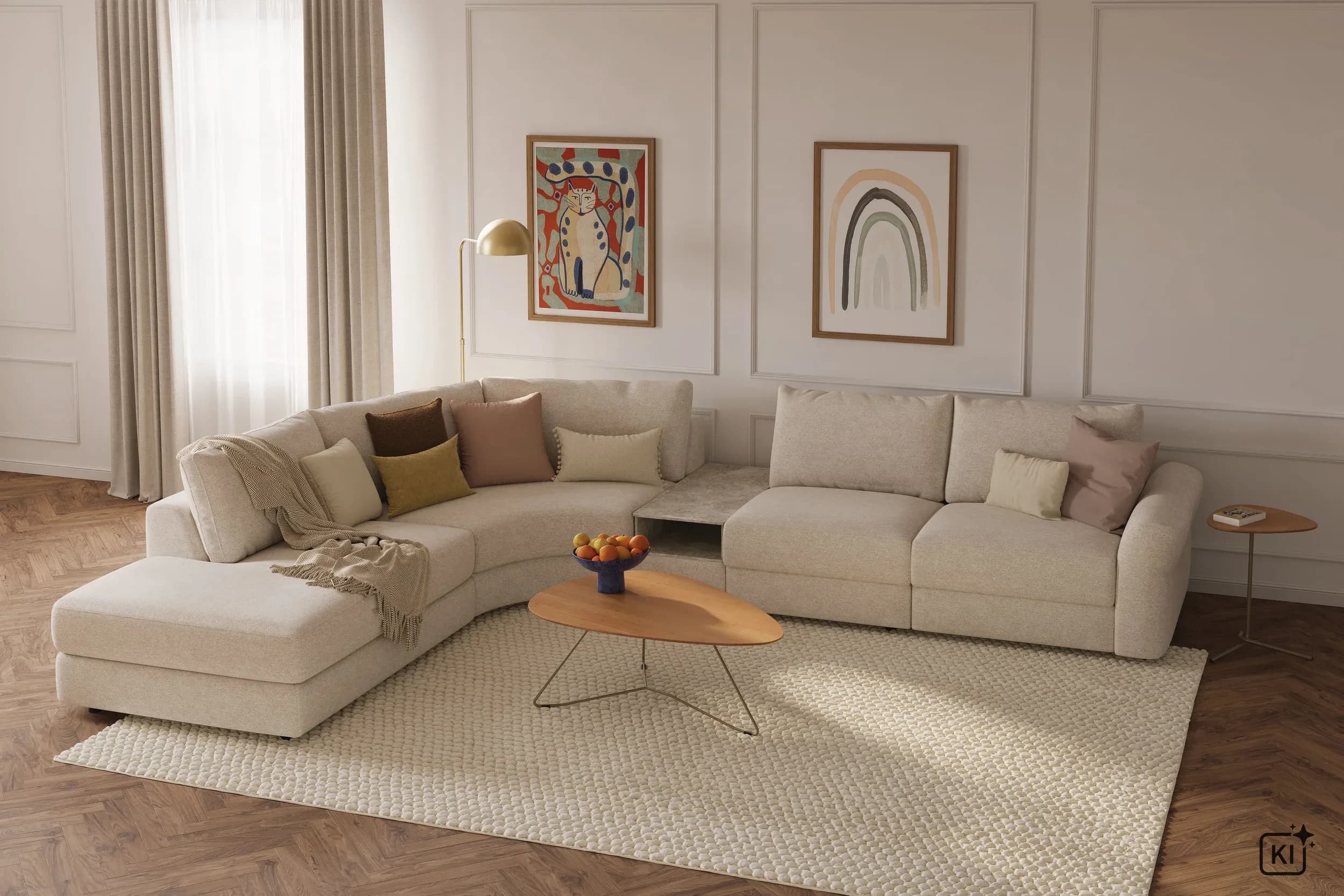 Ecksofa Almeria - Rundecke und Abschlussteil mit 2-Sitzer rechts inkl. Zwischenelement, Stoff, Offwhite