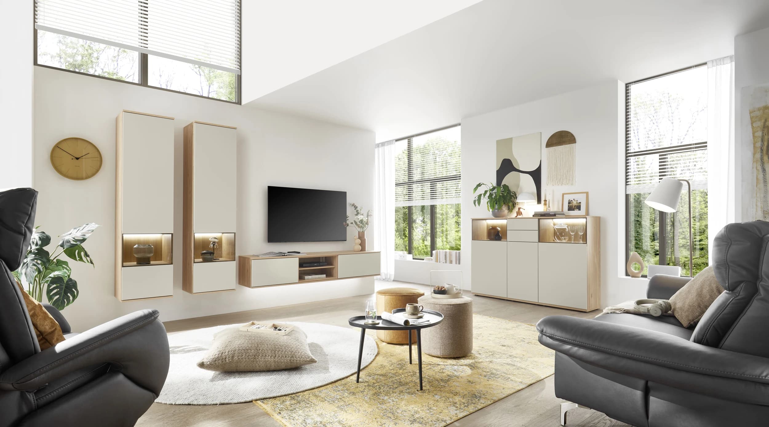 Highboard EM Gradina - mit Beleuchtung, Risseiche, Sandbeige