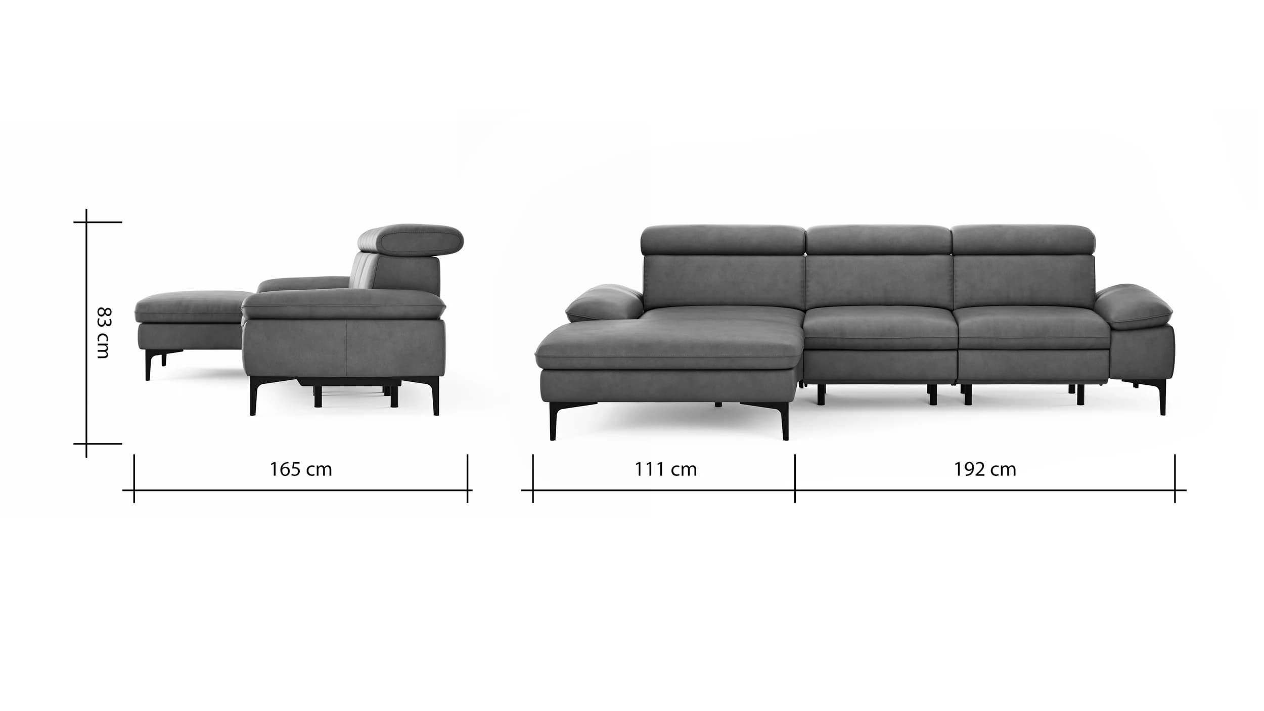 Ecksofa Felipa - Longchair links mit 2,5-Sitzer inkl. Armlehne verstellbar und Rückenlehne/Sitztiefe verstellbar (motorisch), Leder, Olive
