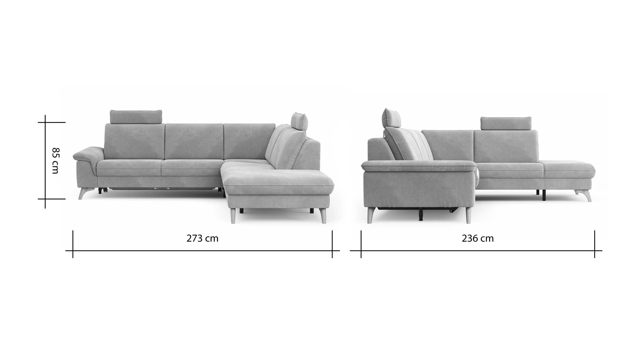 Ecksofa Tulsa KS - 2,5-Sitzer, Spitzecke und 1,5-Sitzer mit Anstellhocker aufklappbar rechts,  inkl. Kopfstütze, AL verstellbar und Schlaffunktion, Leder, Graubeige