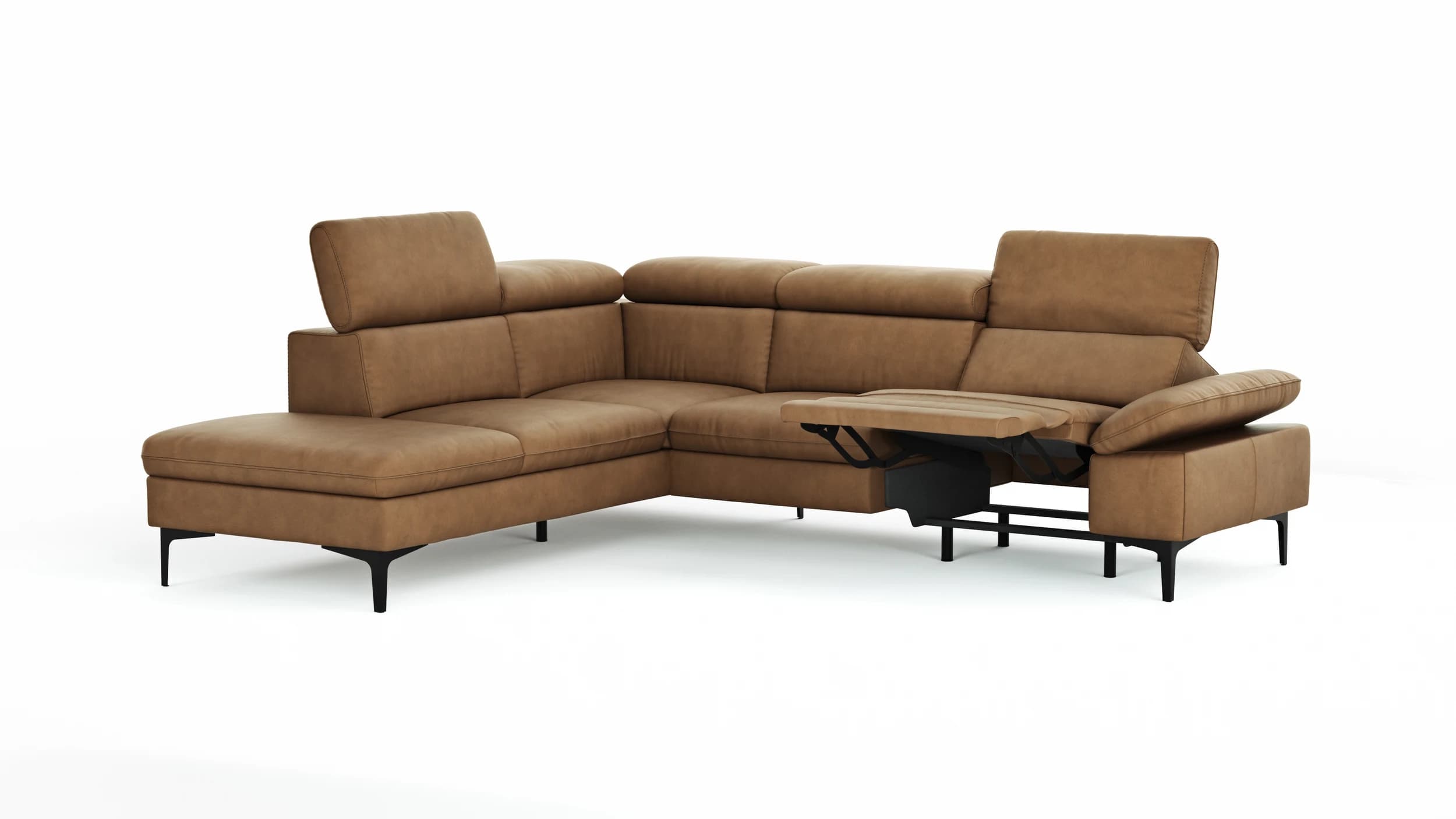 Ecksofa Felipa - Ecke links mit 2,5-Sitzer inkl. Armlehne verstellbar und Rückenlehne/Sitztiefe verstellbar (motorisch), Leder, Cognac