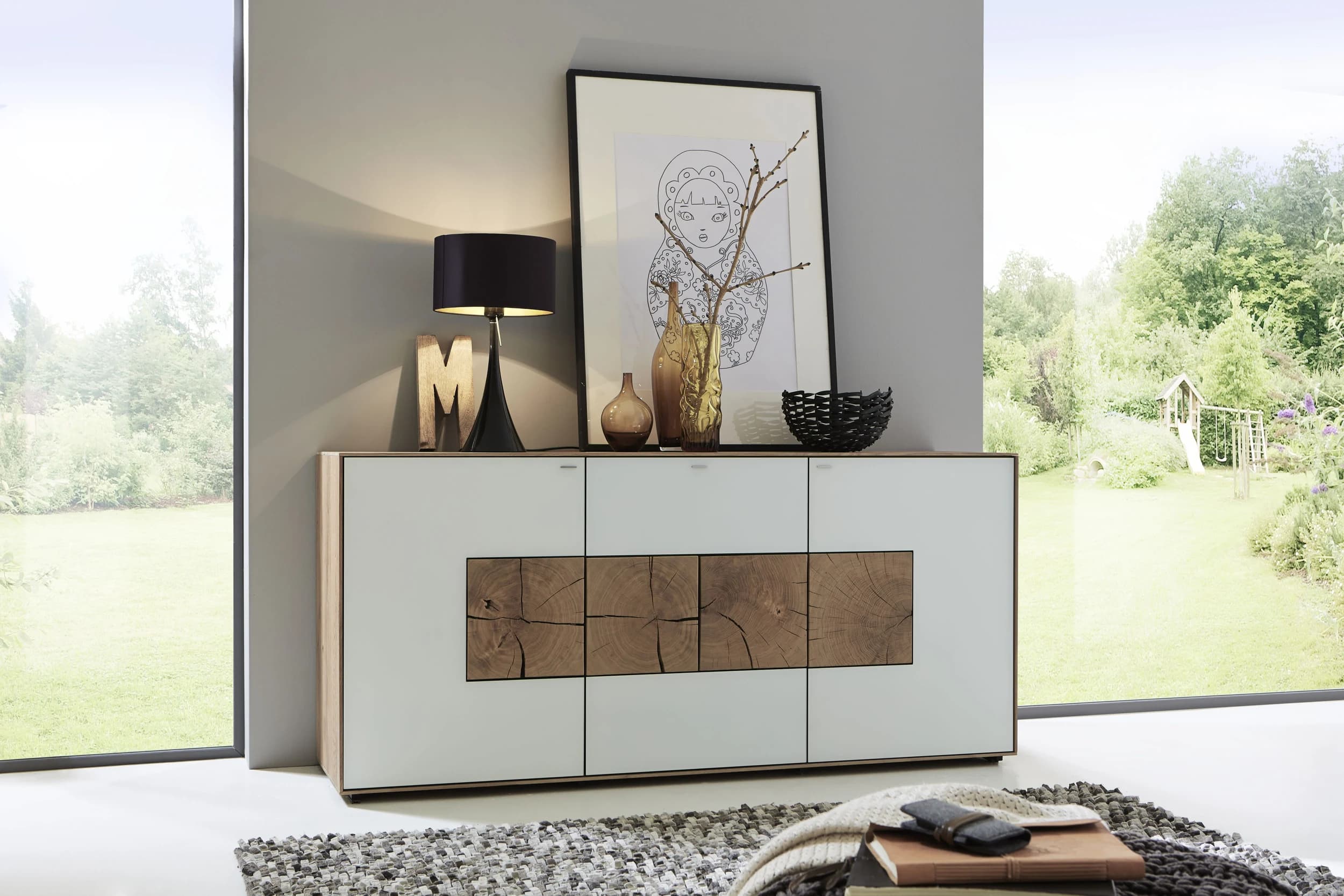 Sideboard - Kerneiche massiv, Mattglas, Weiß mit Hirnholzscheiben