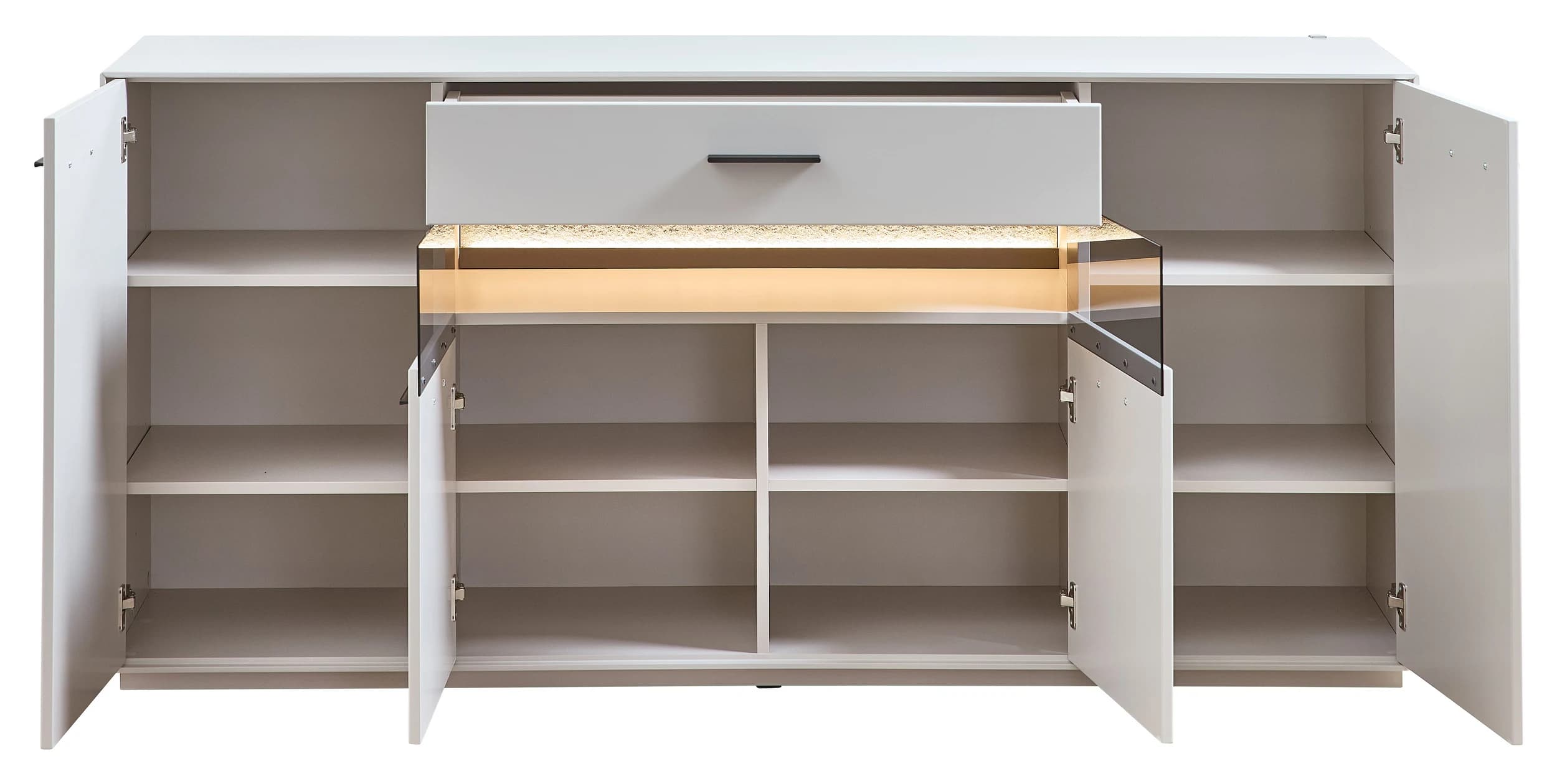 Sideboard -  mit Beleuchtung, Creme Lack, Absetzung: Granit Steinfurnier