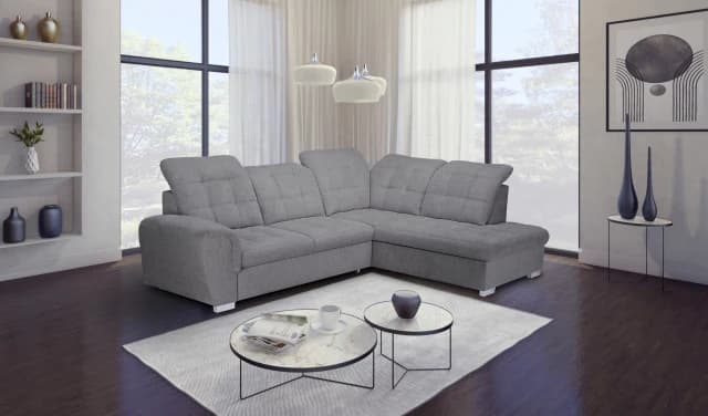 Ecksofa - 2-Sitzer, Ecke rechts inkl. Schlaffunktion und Bettkasten, verstellbare Kopfstützen, Stoff, Grau
