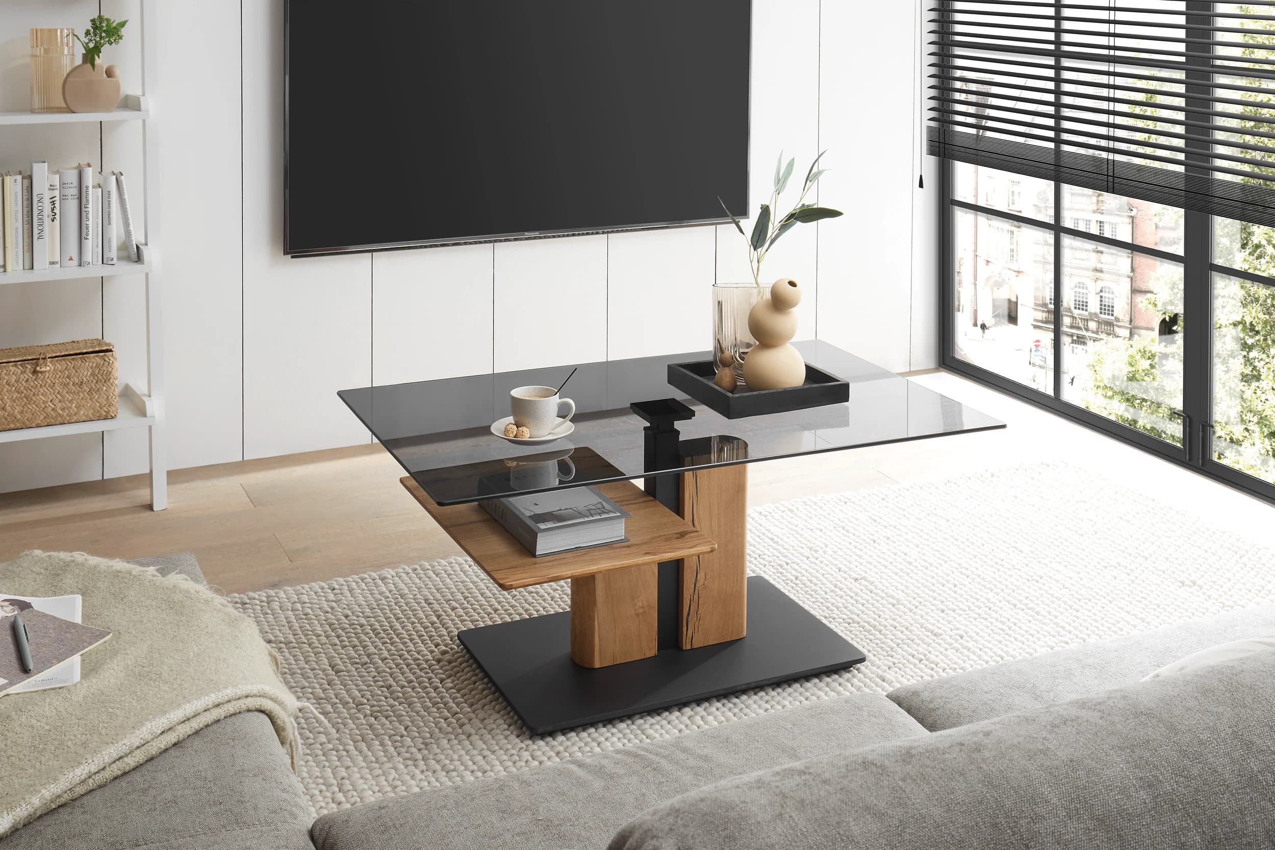 Couchtisch - höhenverstellbar, LBH ca. 105x65x45 cm, Glas grau, Eiche massiv