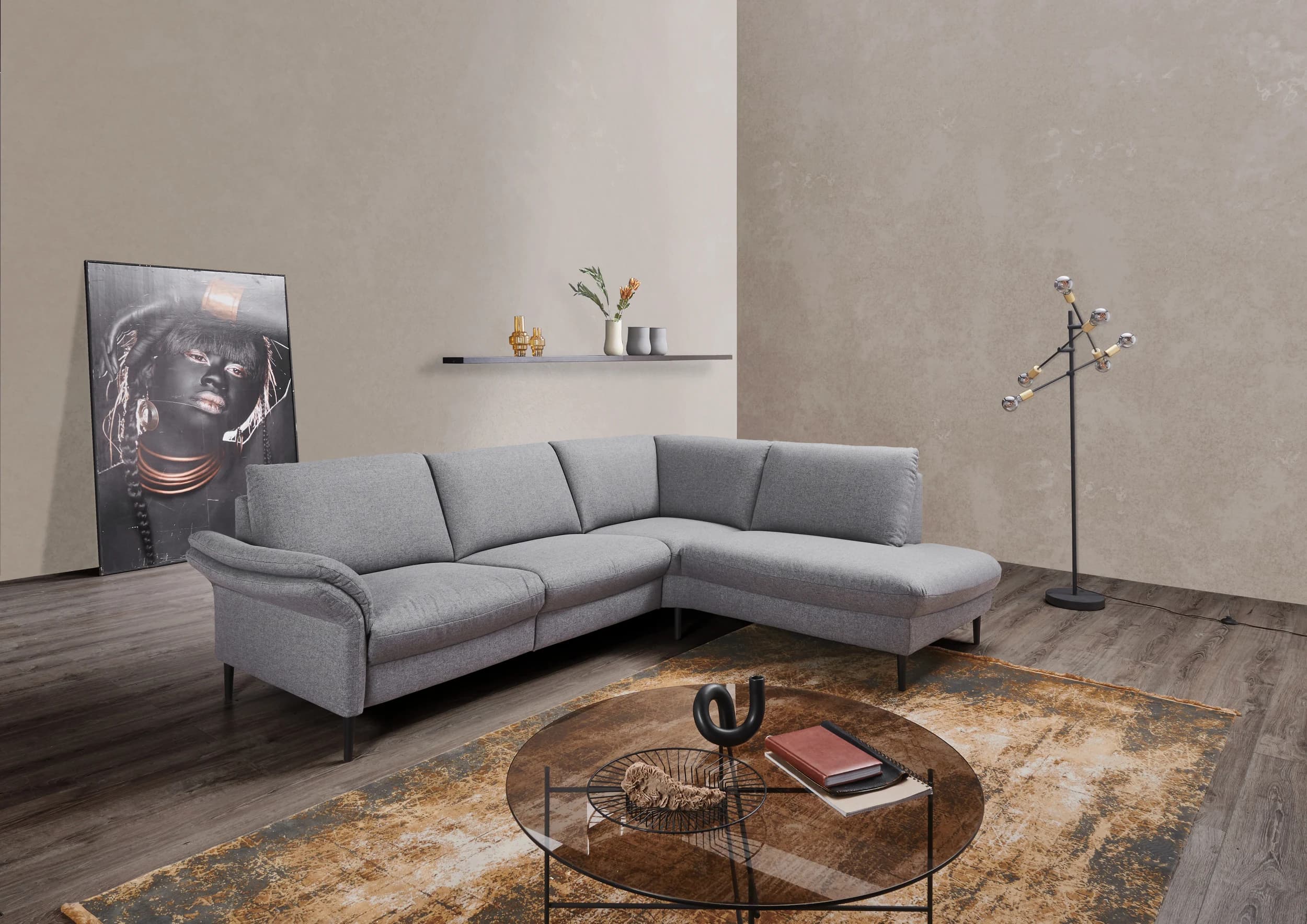 Ecksofa - 3-Sitzer mit Ecke rechts, Stoff, Grau