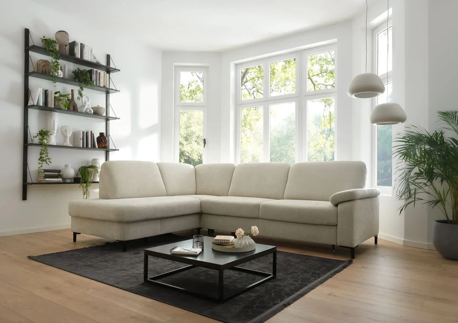 Ecksofa - Ecke links, 3-Sitzer inkl. Schlaffunktion mit Bettkasten, Premiumkopfstützen, 2 ZierkissenStoff, Beige