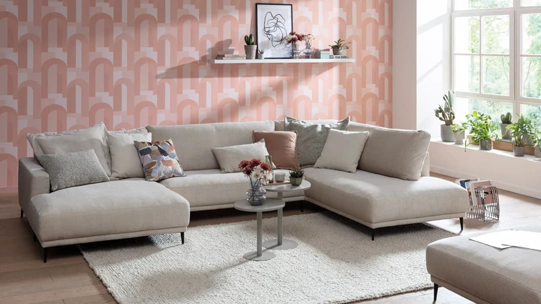 Wohnlandschaft Solero 2.0 - Longchair mit 2-Sitzer und Ecke rechts, Stoff, Natur