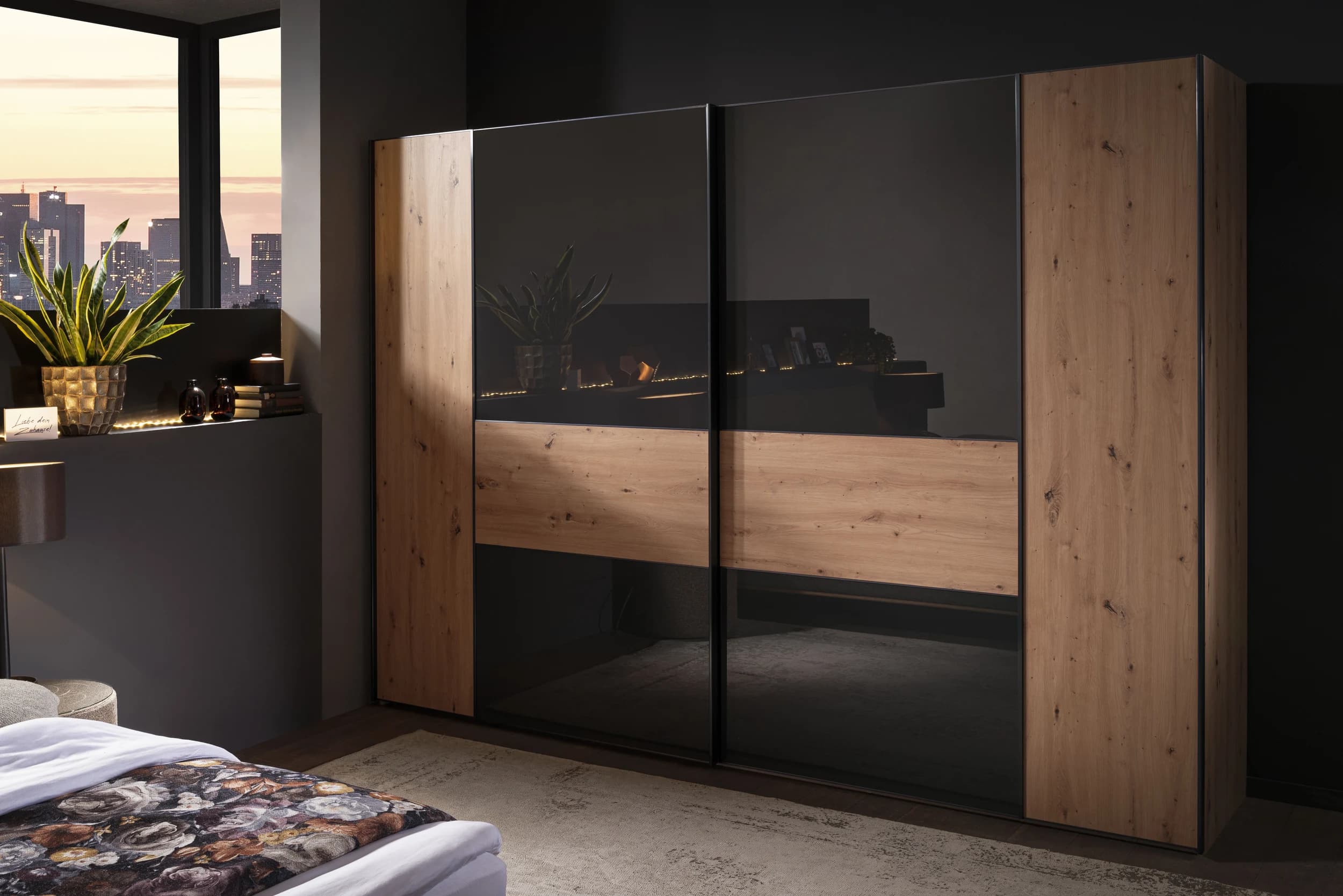 Schwebetürenschrank 2-türig EM Avola - B. ca. 298 cm, Dekor Eiche, Anthrazitglas
