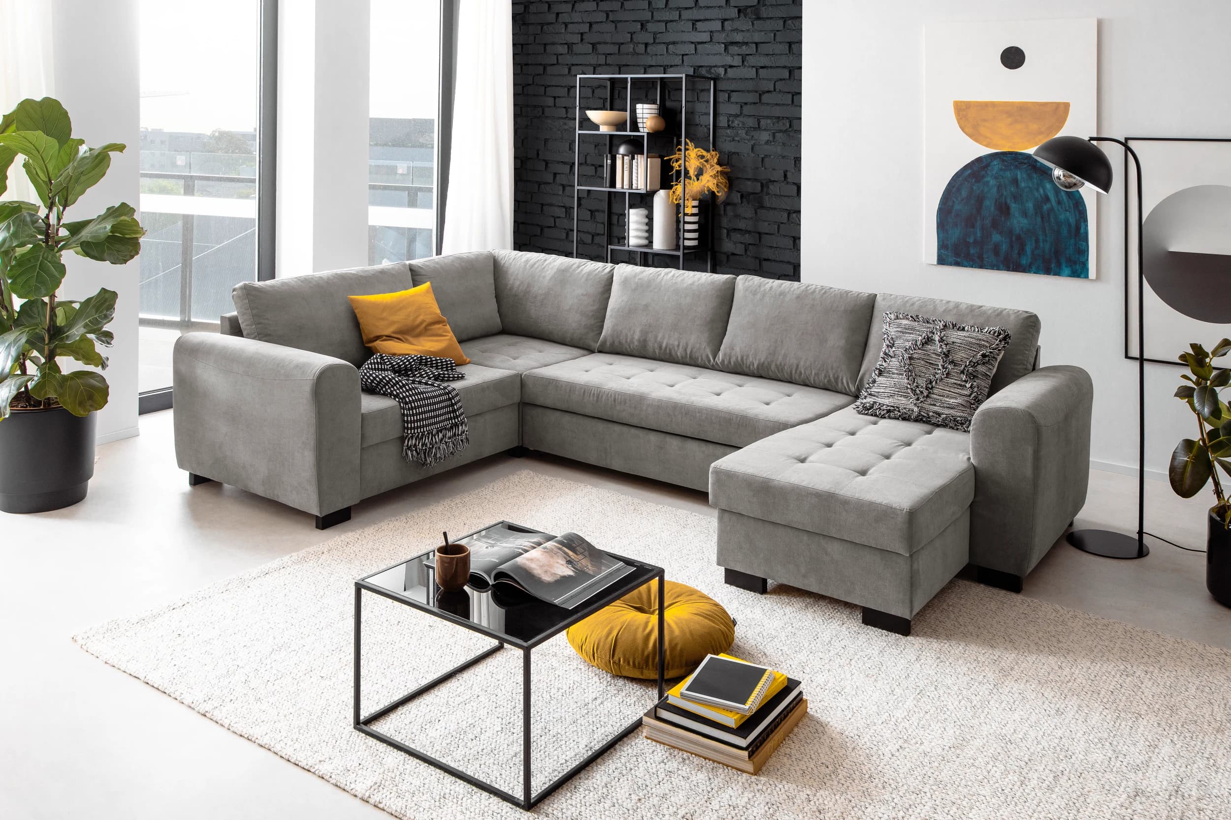 Wohnlandschaft - Ecke rechts, 2-Sitzer, Longchair links, Stoff, Grau