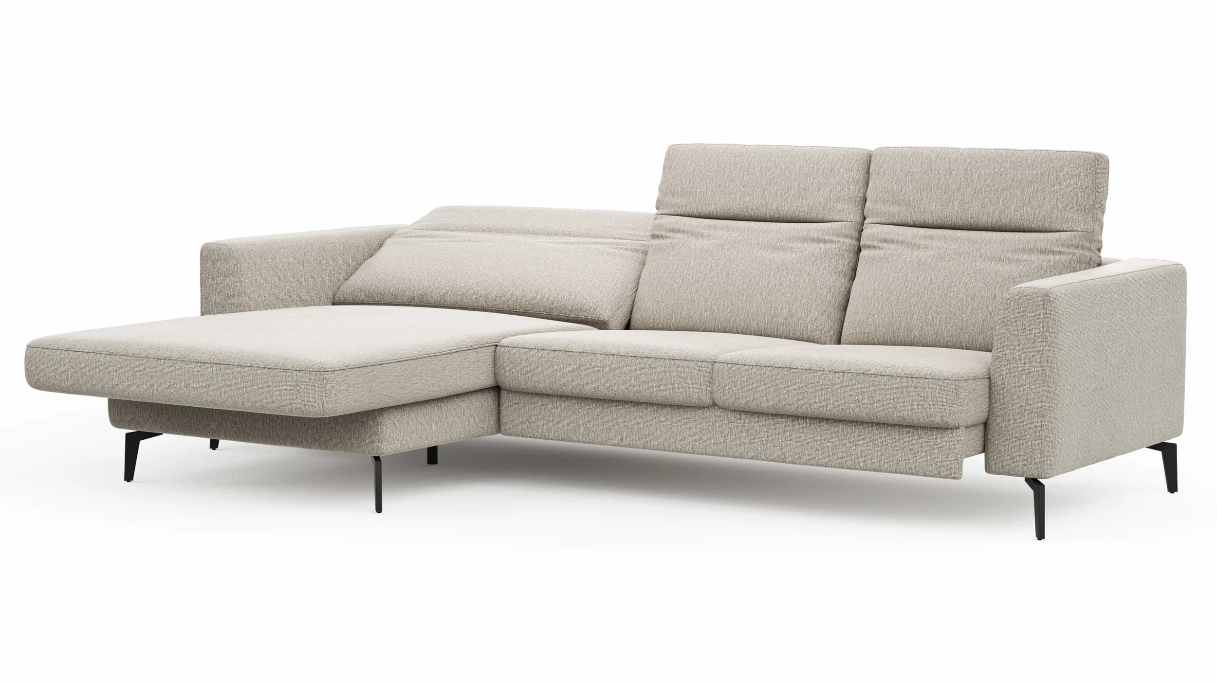 Ecksofa Rafaela 2.0 - Longchair mit 2,5-Sitzer rechts inkl. Sitzvorzug, Kopteilverstellung motorisch und Relaxfunktion motorisch im Longchair, Stoff, Champagner