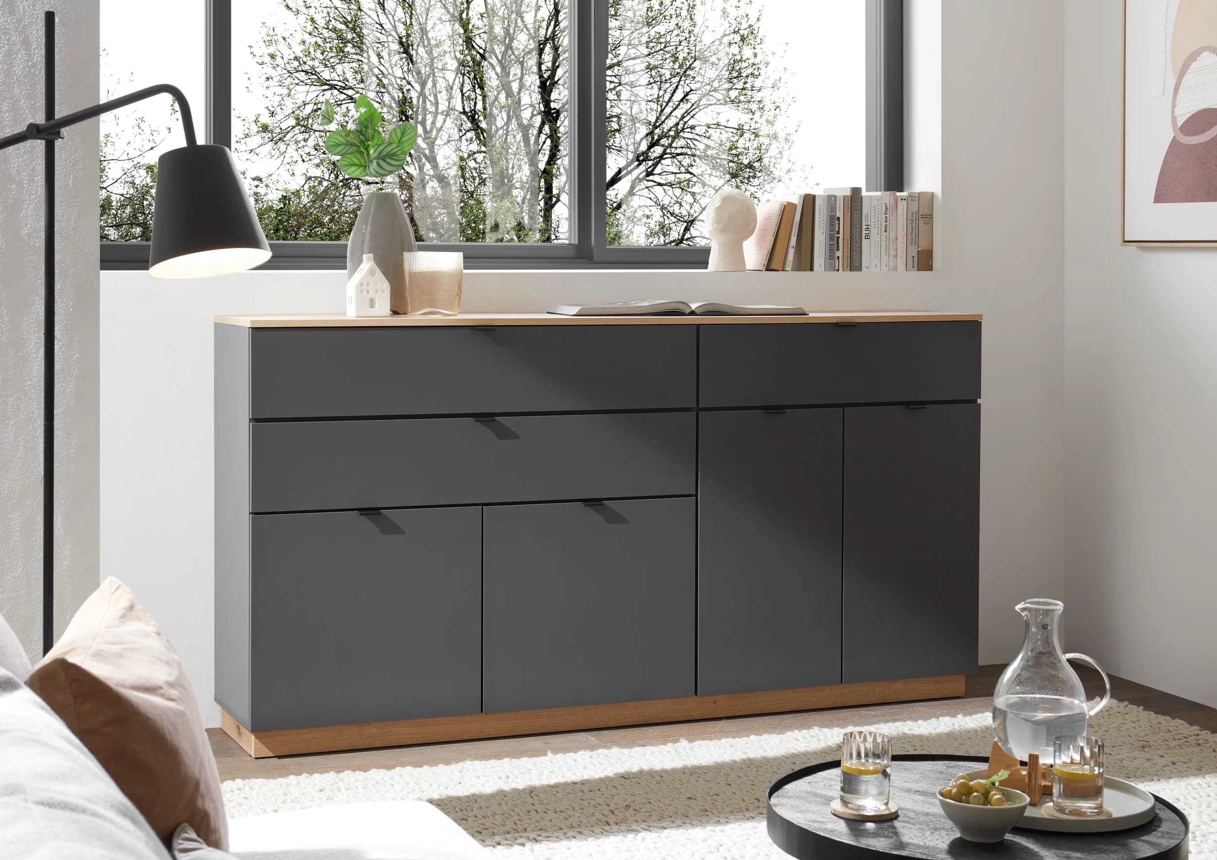 Sideboard- Anthrazit, Eiche Dekor