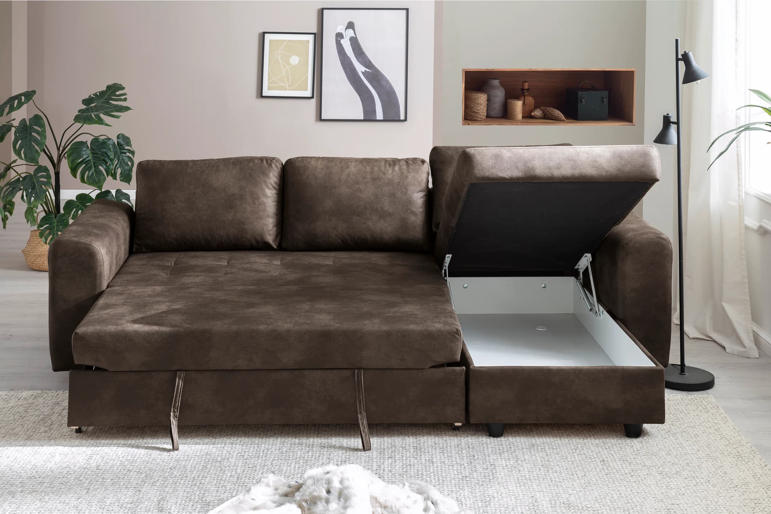 Ecksofa - 2-Sitzer, Ecke rechts, Stoff, Dunkelbraun