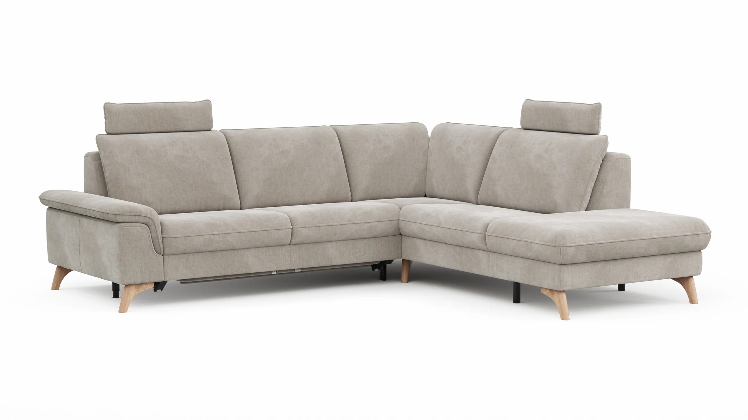 Ecksofa Tulsa KS - 2,5-Sitzer, Spitzecke und 1,5-Sitzer mit Anstellhocker aufklappbar rechts, inkl. Kopfstütze, AL verstellbar und Schlaffunktion, Stoff, Graubeige