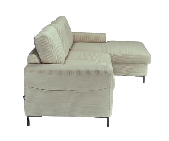 Ecksofa - 2-Sitzer mit Longchair rechts, Schlaffunktion mit Bettkasten, Stoff, Creme