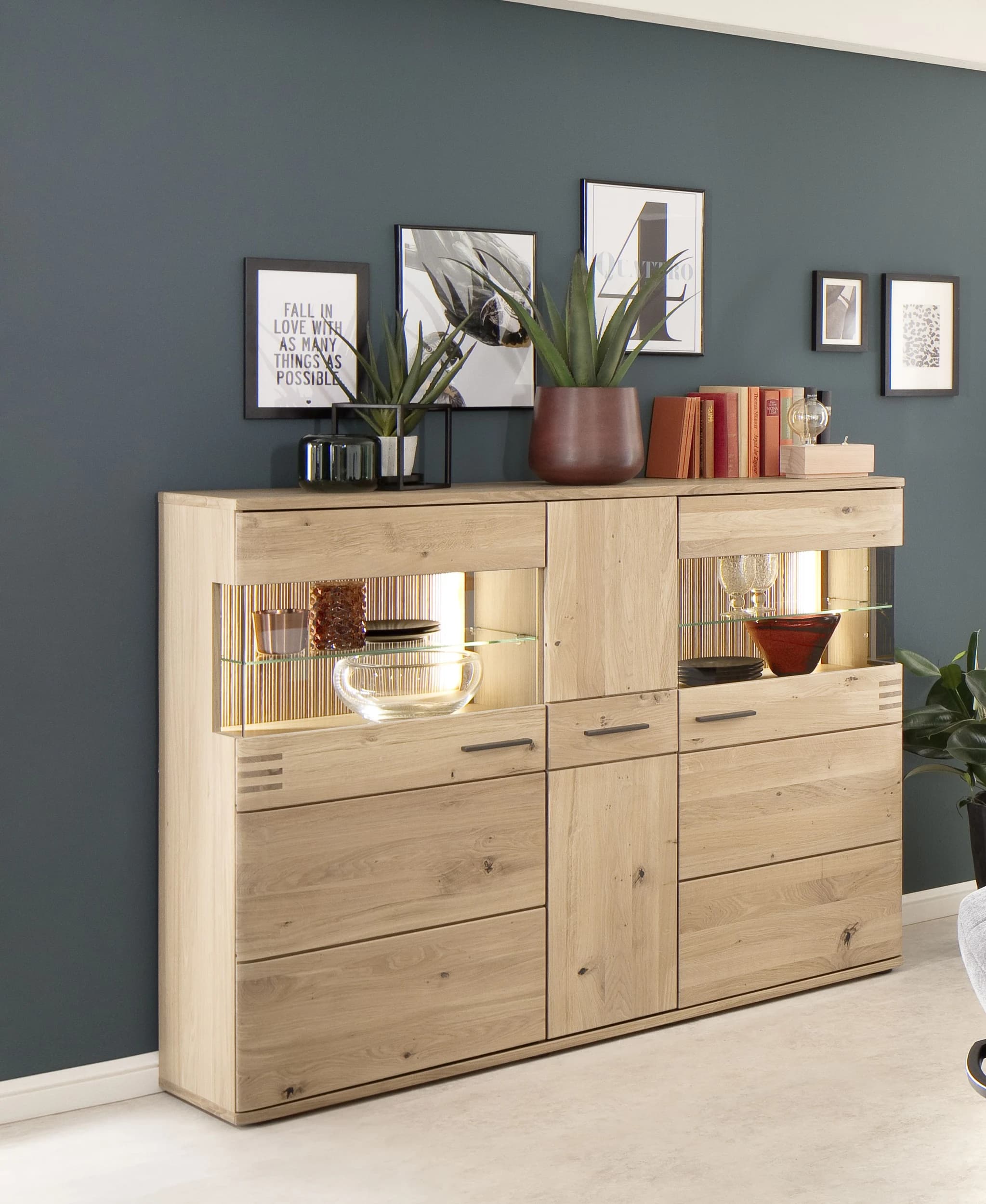 Highboard - mit Beleuchtung, Eiche teilmassiv