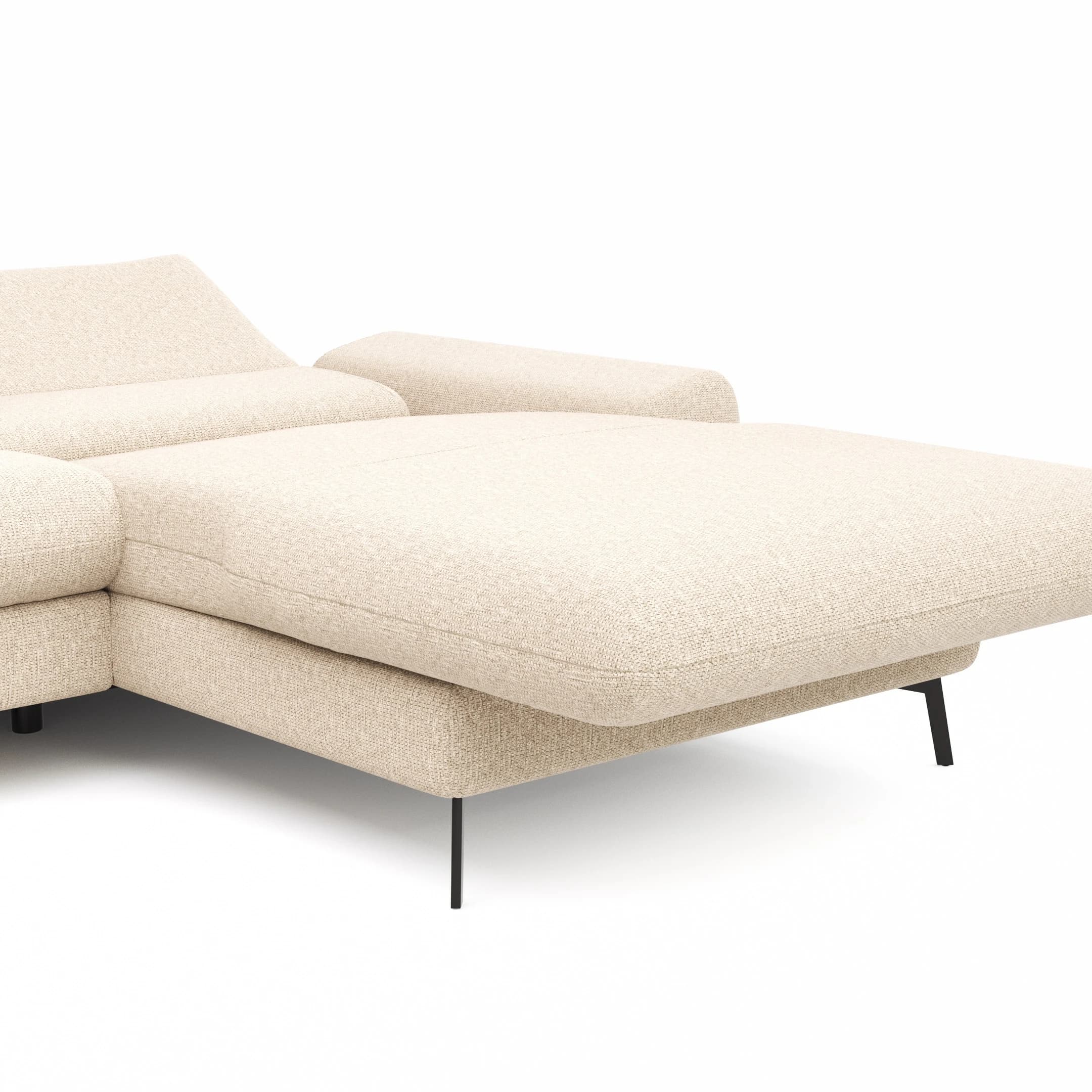 Ecksofa Gotera - 1,5-Sitzer med + 1,5-Sitzer med mit Longchair groß rechts inkl. Schlaffunktion (teilmotorisch), Armlehne klappbar, Rückenlehne verstellbar  und einmal Relaxfunktion (teilmotorisch), Stoff, Creme