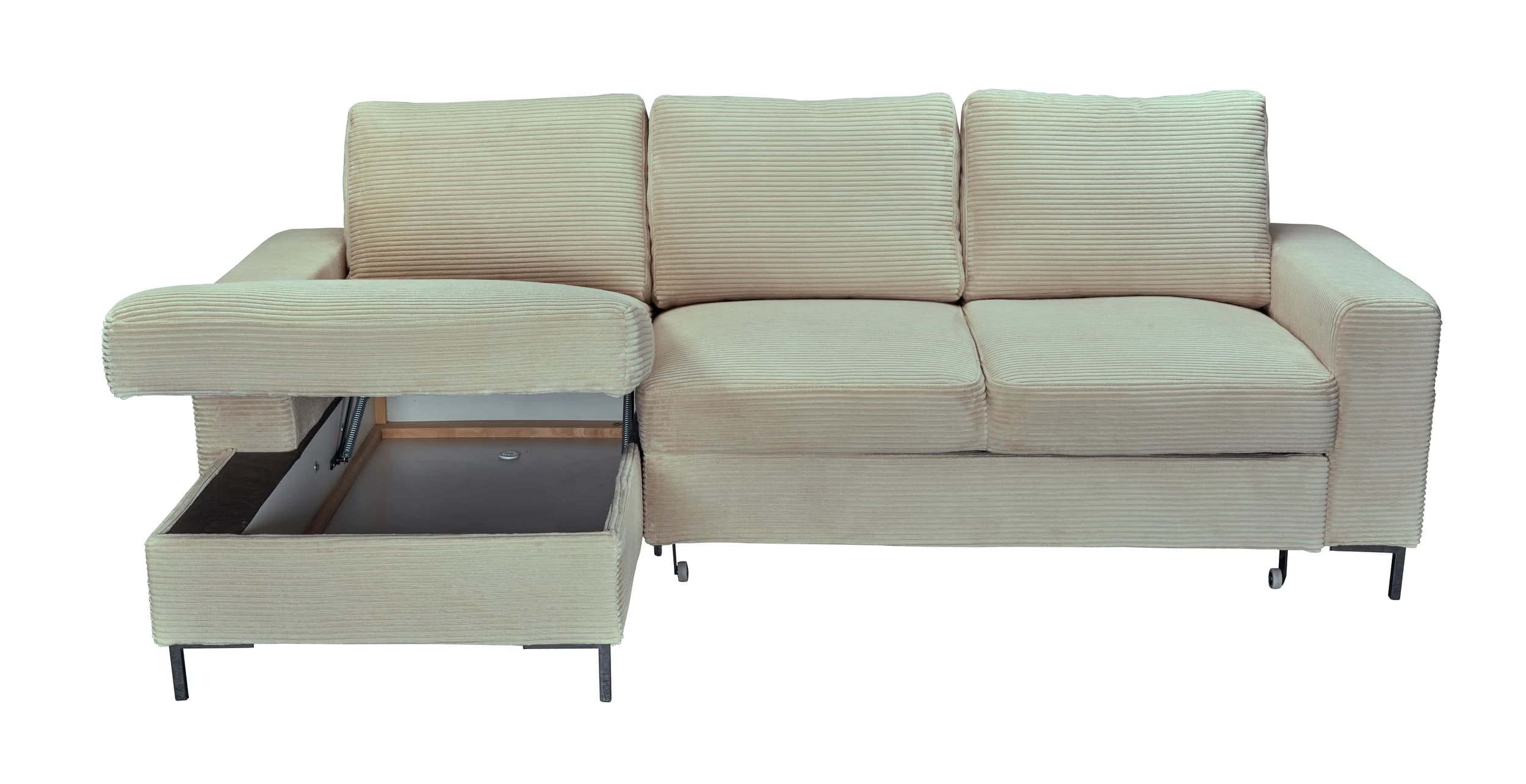 Ecksofa - Longchair links mit 2-Sitzer, Schlaffunktion mit Bettkasten, Stoff, Creme