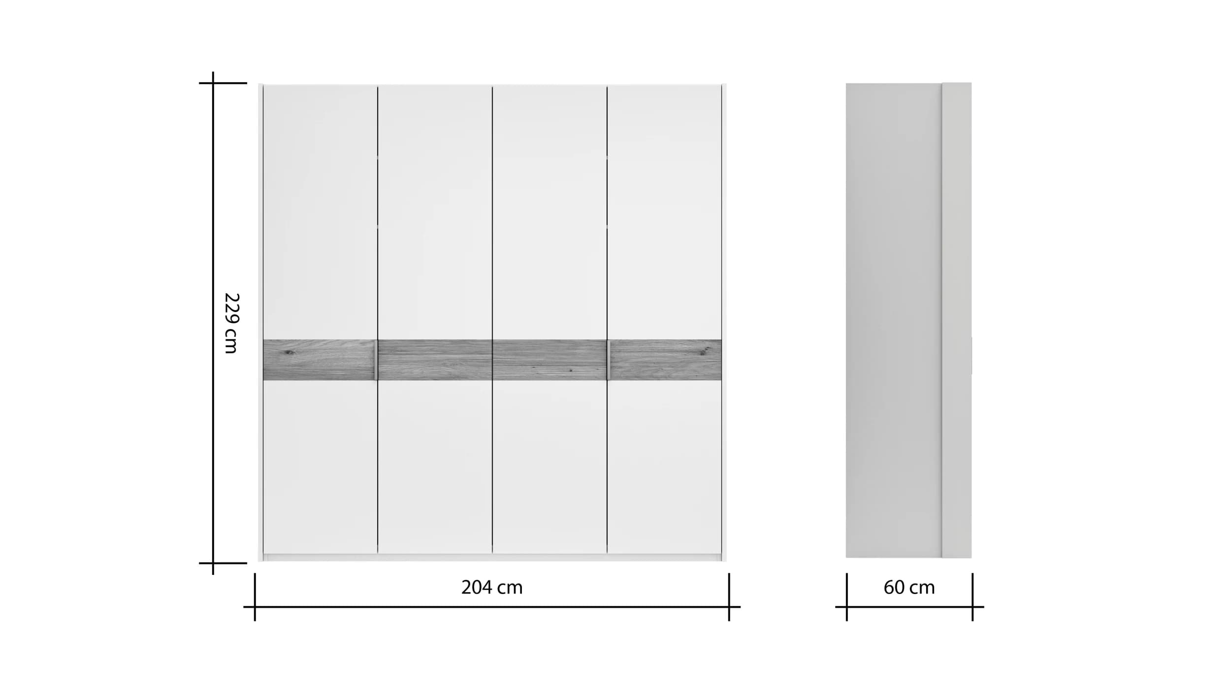 Drehtürenschrank Viana - B ca. 204 cm, Lack, Weiß, Riffholz, Wildeiche
