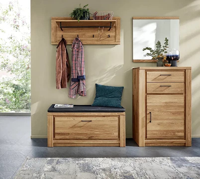 Schuhschrank Farmingdale - Eiche massiv, natur geölt mit Sitzkissen schwarz