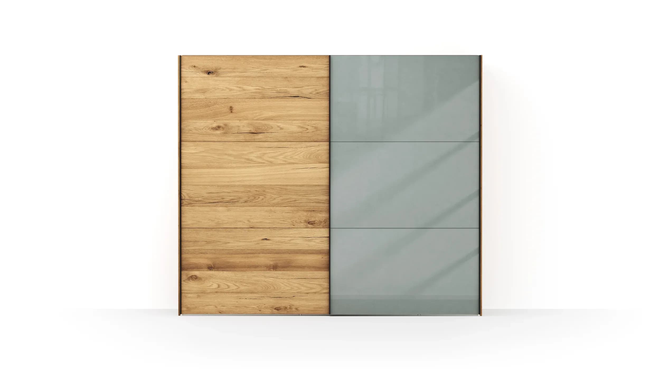 Schwebetürenschrank Colorado - B. ca. 257 cm, Eiche, Glas Graugrün