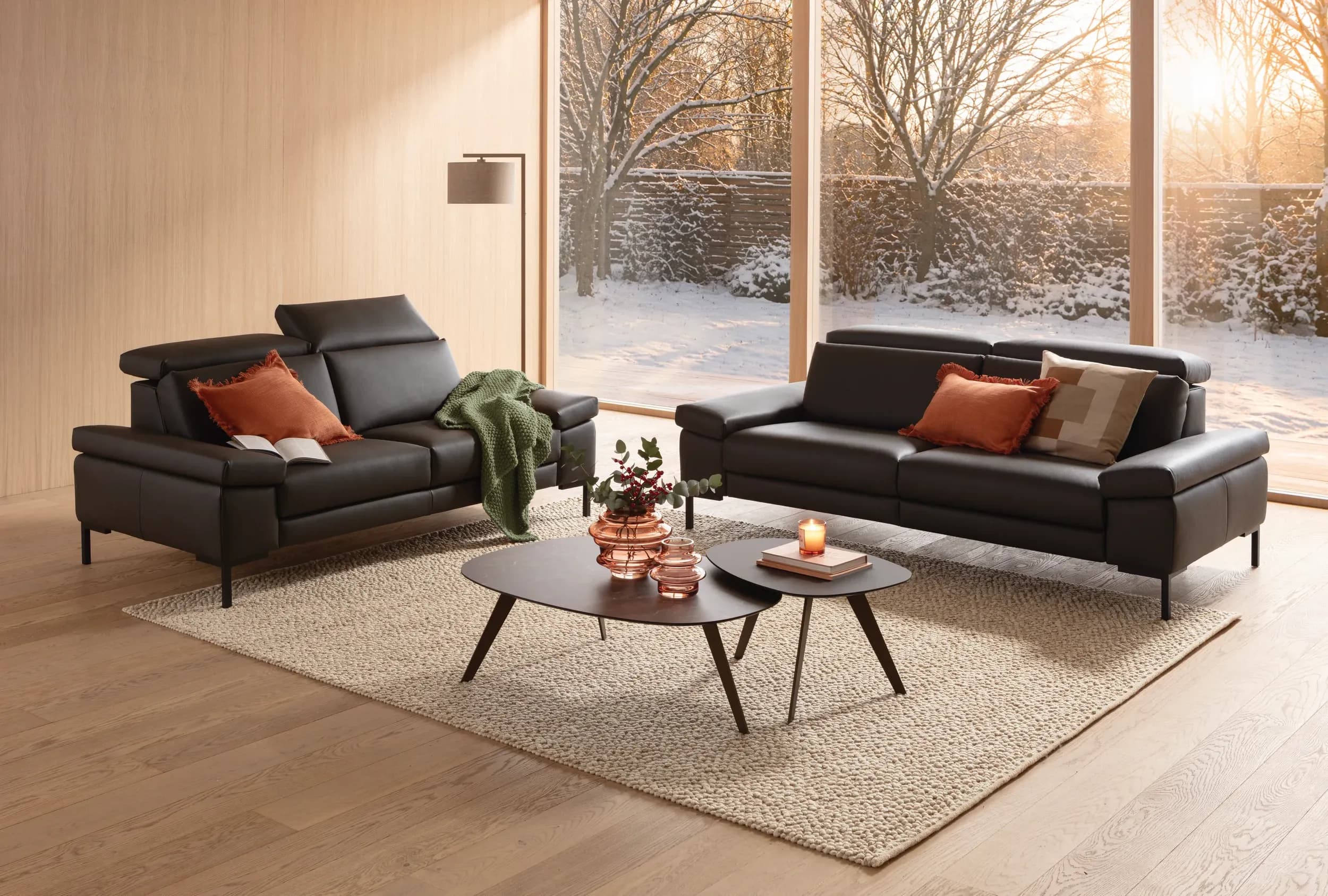 Sofa Braska - 2,5-Sitzer, inkl. Kopfstütze und Armlehne verstellbar, Leder, Anthrazit
