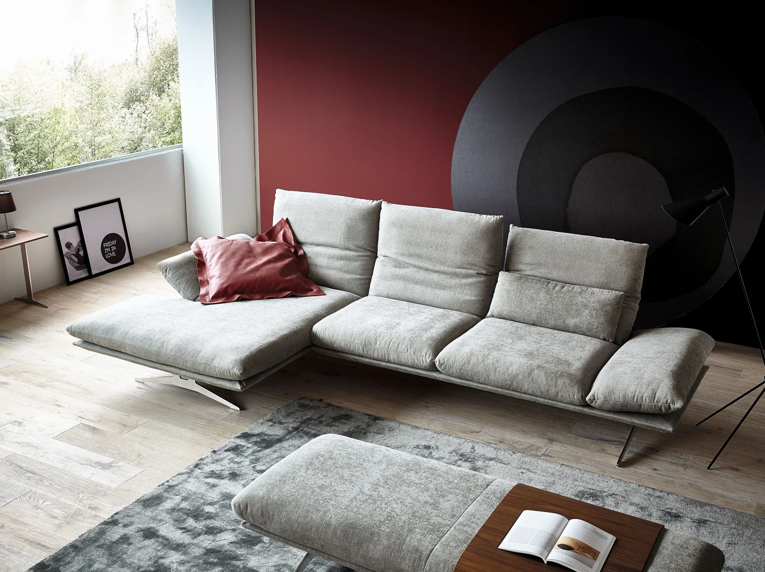 Ecksofa - Longchair links mit 2,5-Sitzer, Rückenlehne/Armlehne/Kopfteil verstellbar, Stoff, Grau