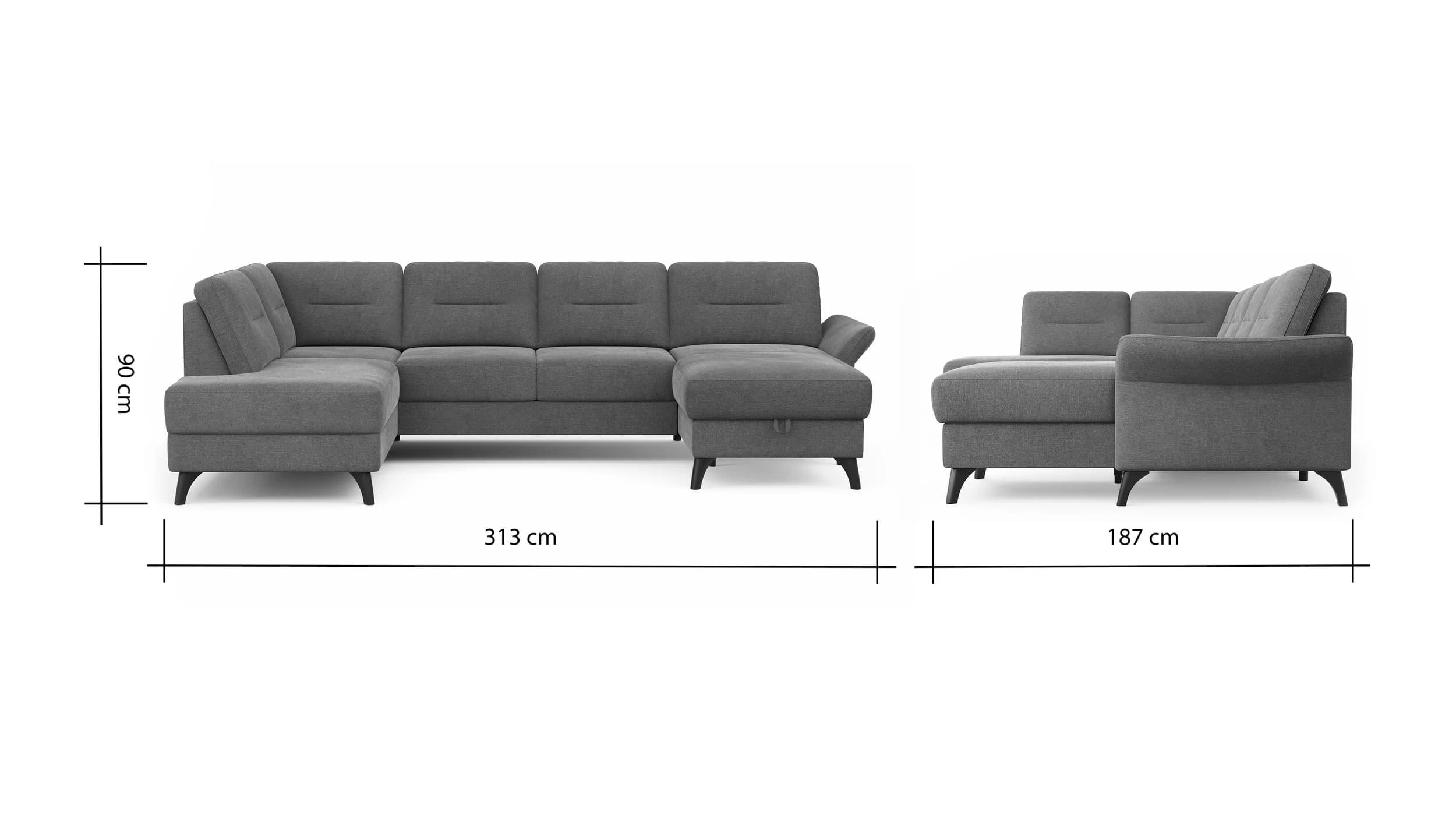 Wohnlandschaft Almyra - Ottomane links, 2,5-Sitzer inkl. Vorziehsitz (motorisch), Longchair rechts inkl. Bettkasten und Armlehne klappbar, Stoff, Kupfer