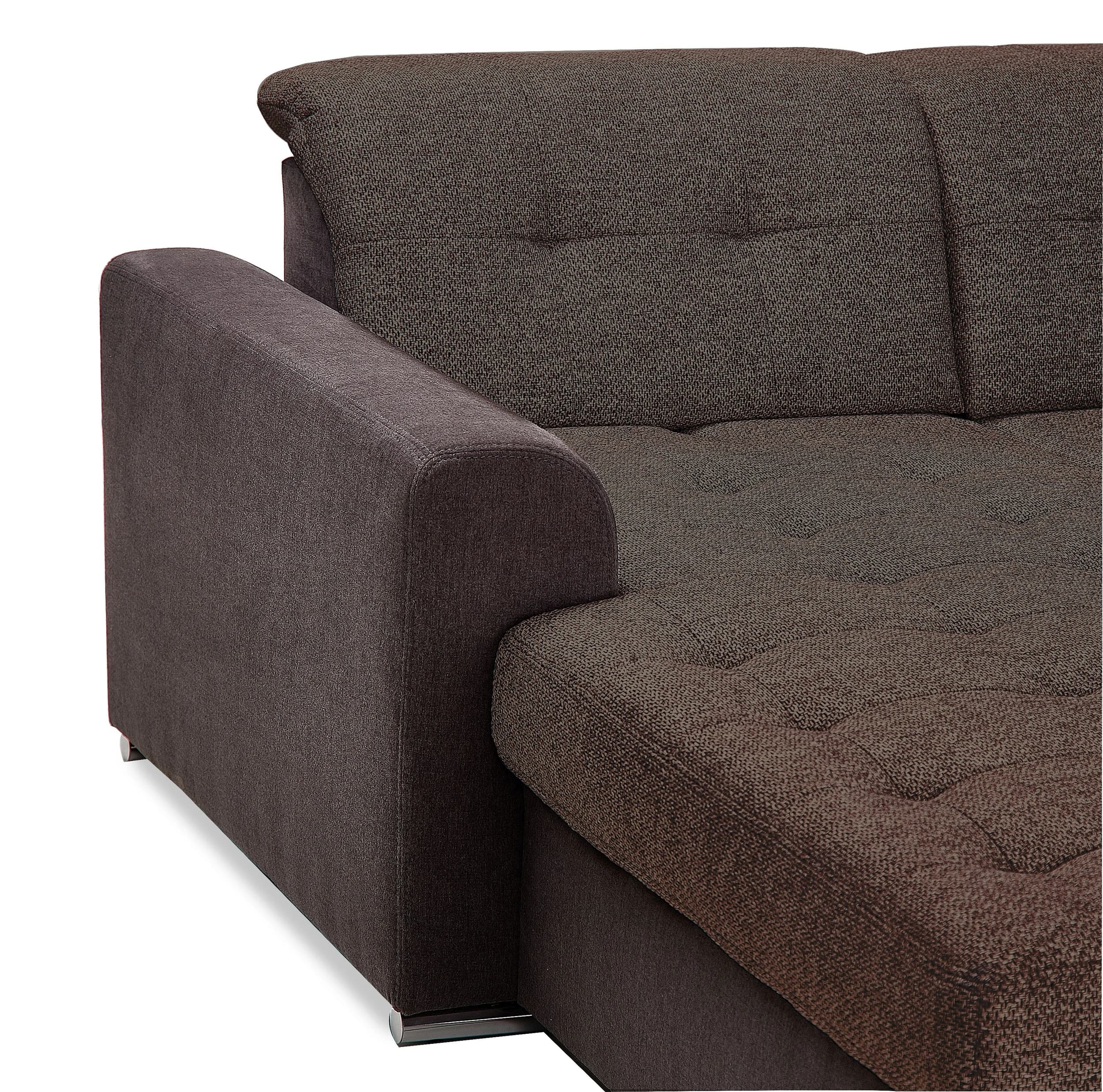 Wohnlandschaft - Longchair links, 3-Sitzer, Ecke rechts inkl. Schlaffunktion, Bettkasten, Kopfteilverstellung, Sitztiefenverstellung in Kunstleder Braun