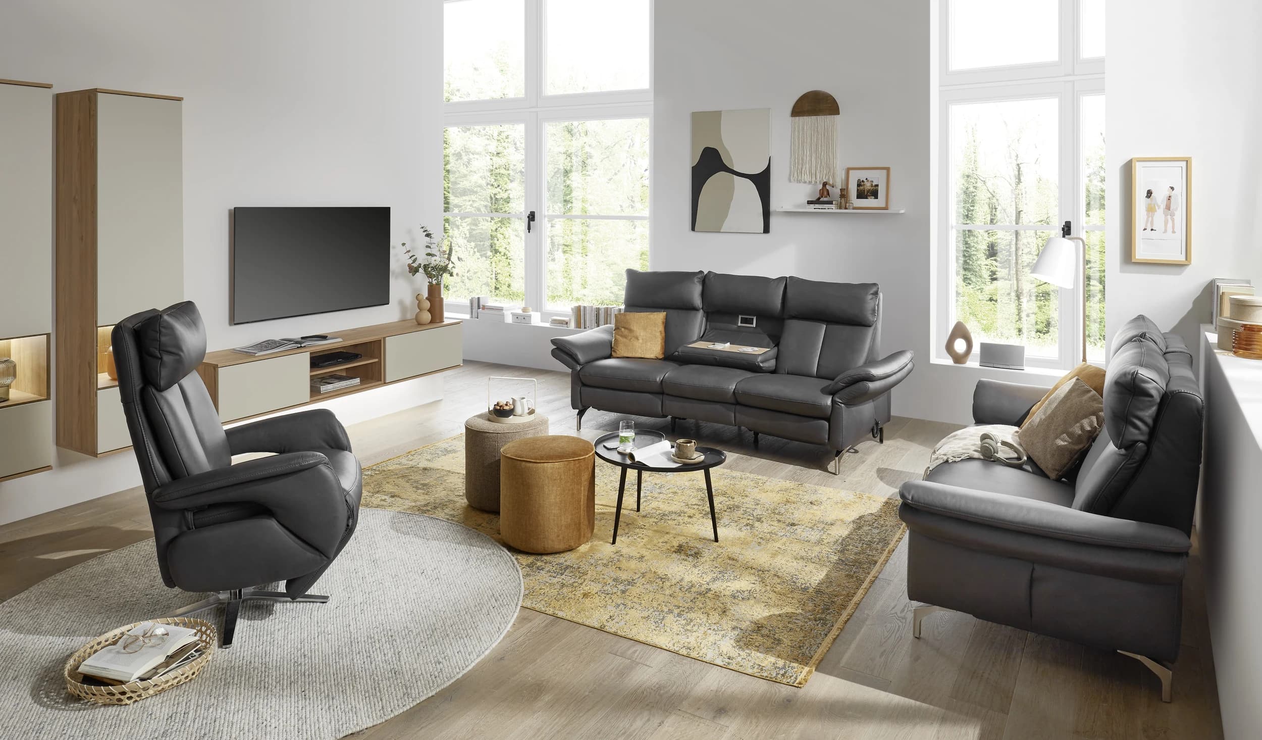 Sofa EM Luxemburg - 3-Sitzer, Leder, Anthrazit
