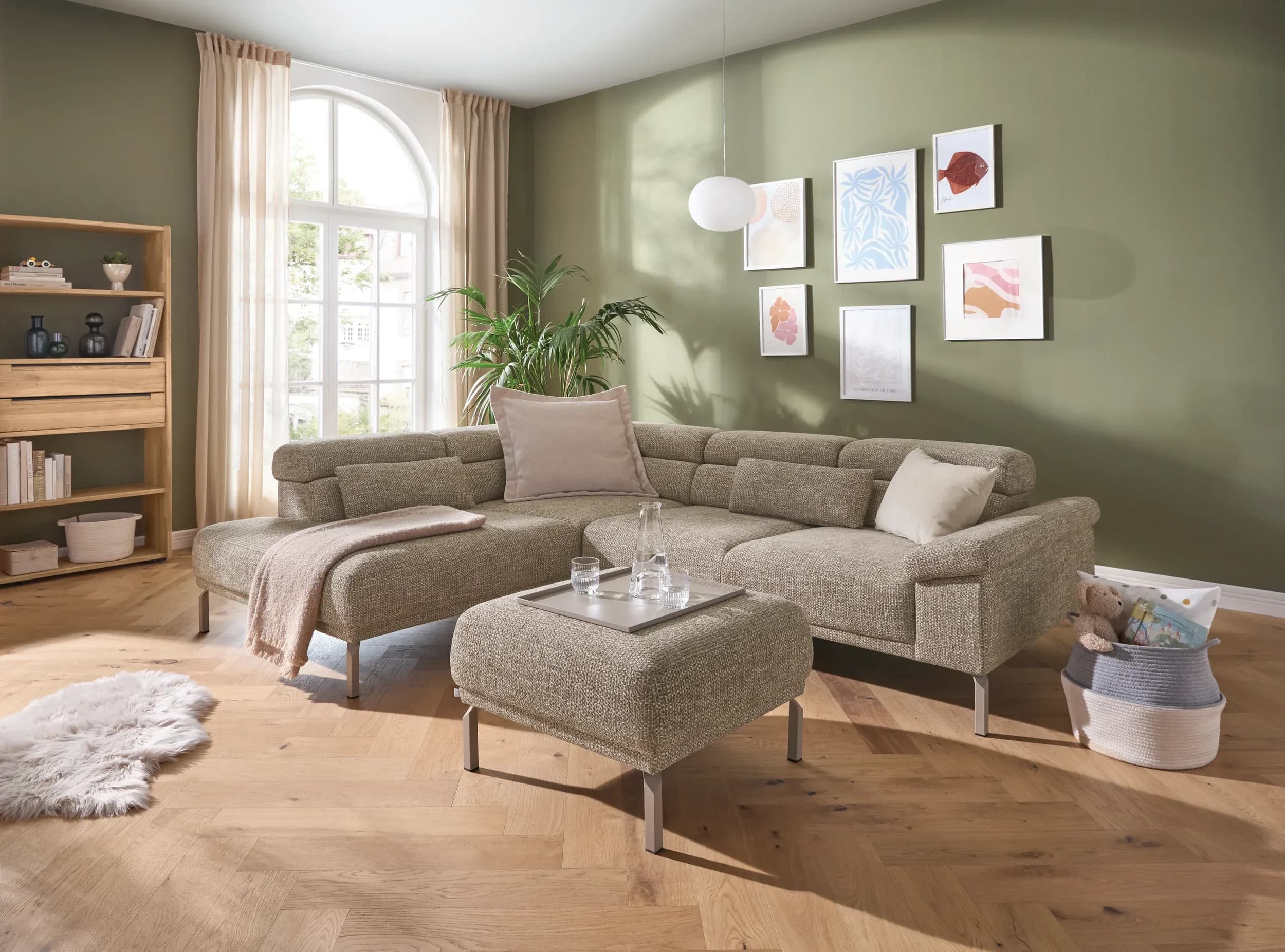 Ecksofa Bolonia - Ecke und Abschlussteil mit 2-Sitzer rechts inkl. Armlehne klappbar, Kopfteile und Rückenlehnen verstellbar, Stoff, Graubeige