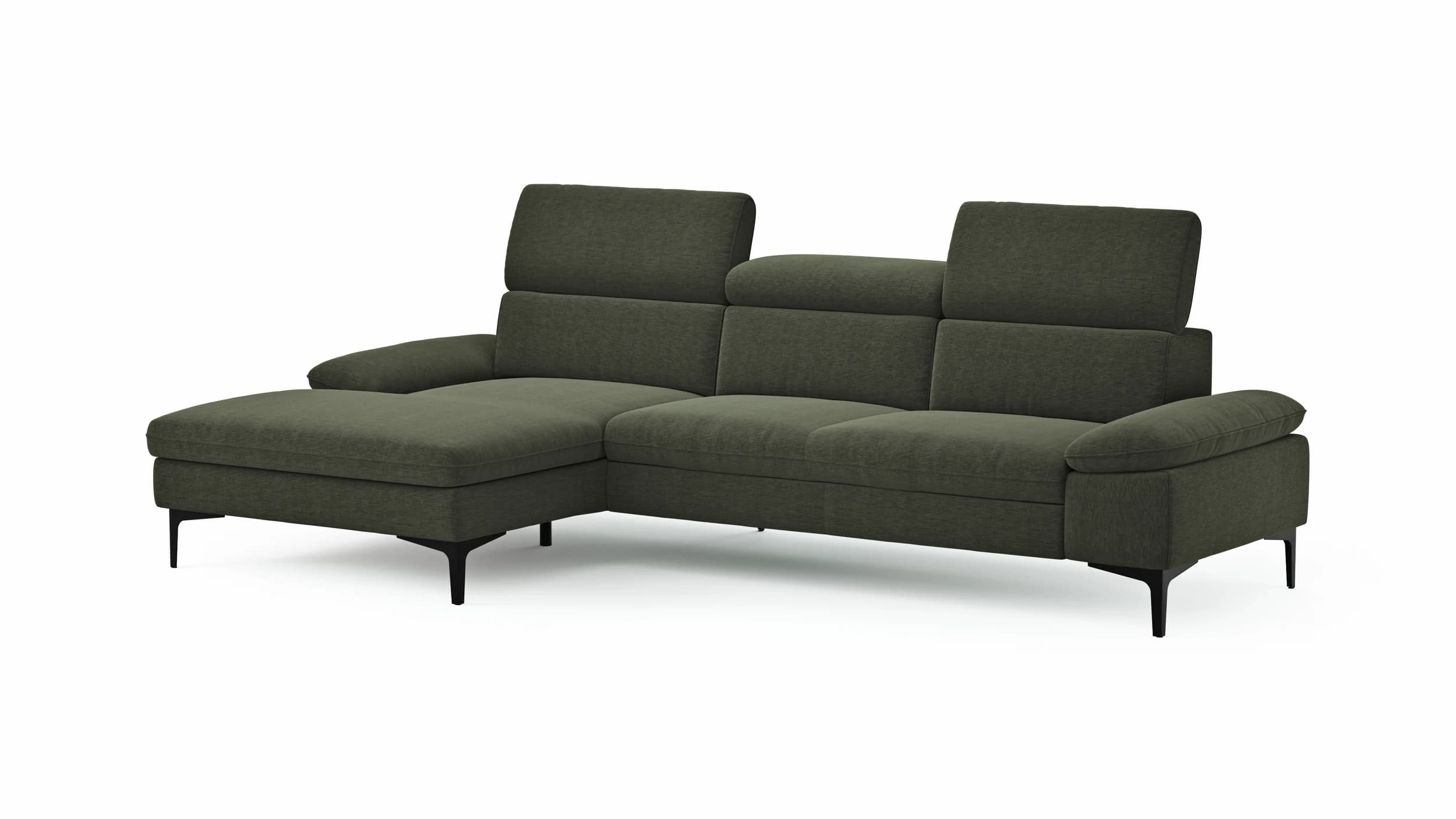 Ecksofa Felipa - Longchair links mit 2,5-Sitzer inkl. Kopfteil verstellbar, Stoff, Dunkelgrün