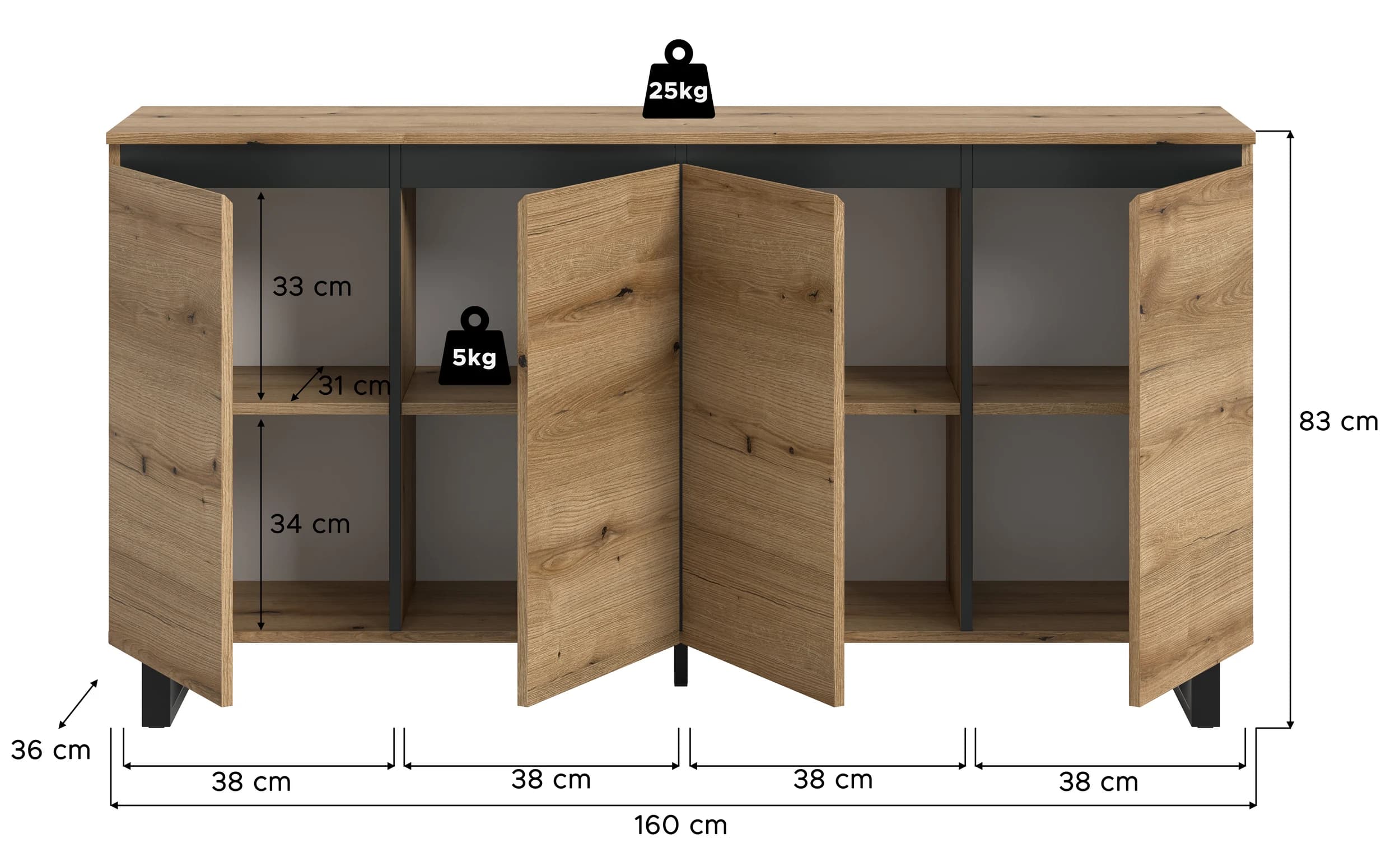 Sideboard - B ca. 160 cm, Evoke Eiche Nachbildung, Schwarz