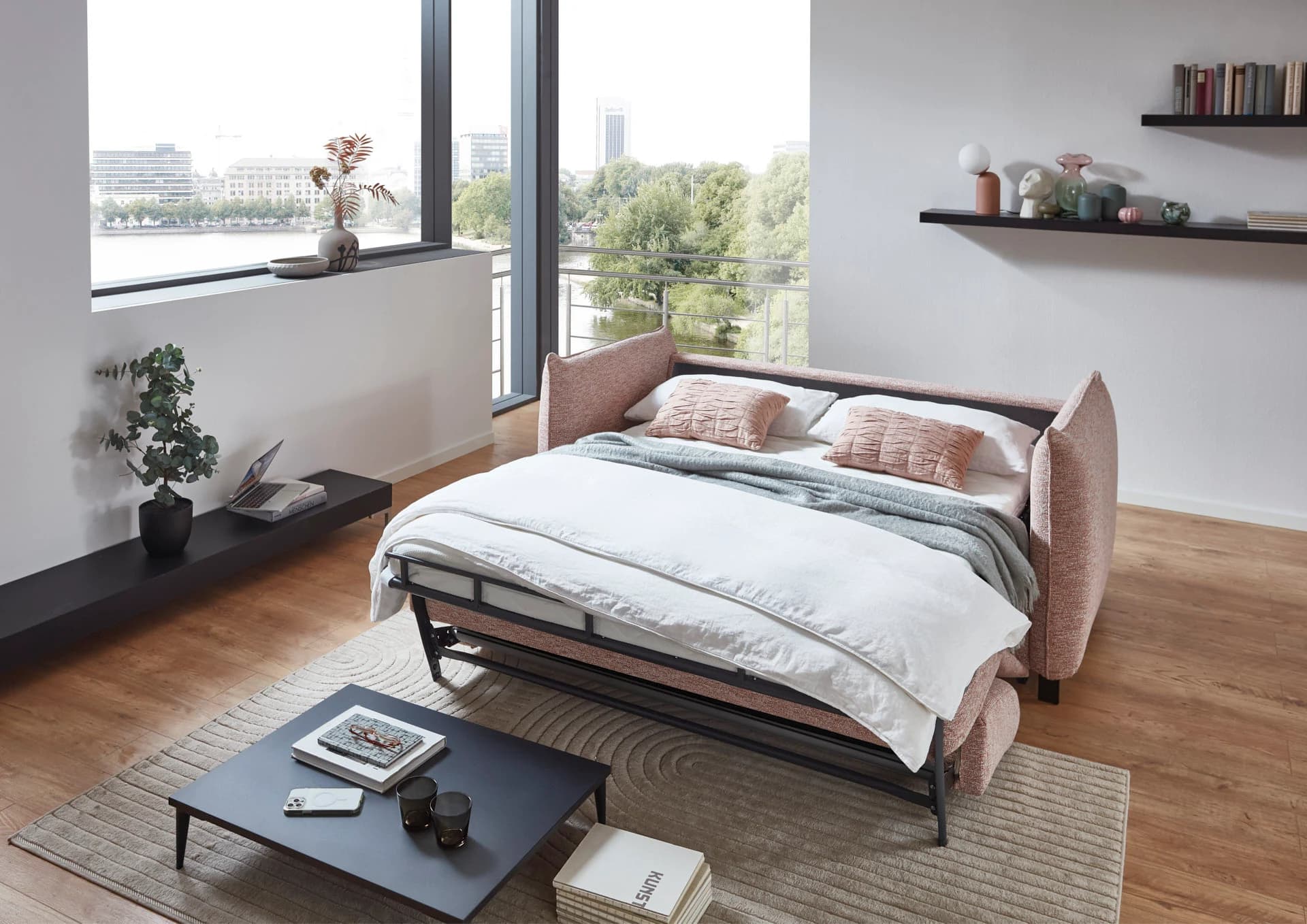 Faltbettsofa - Schlaffunktion, Stoff, Rose