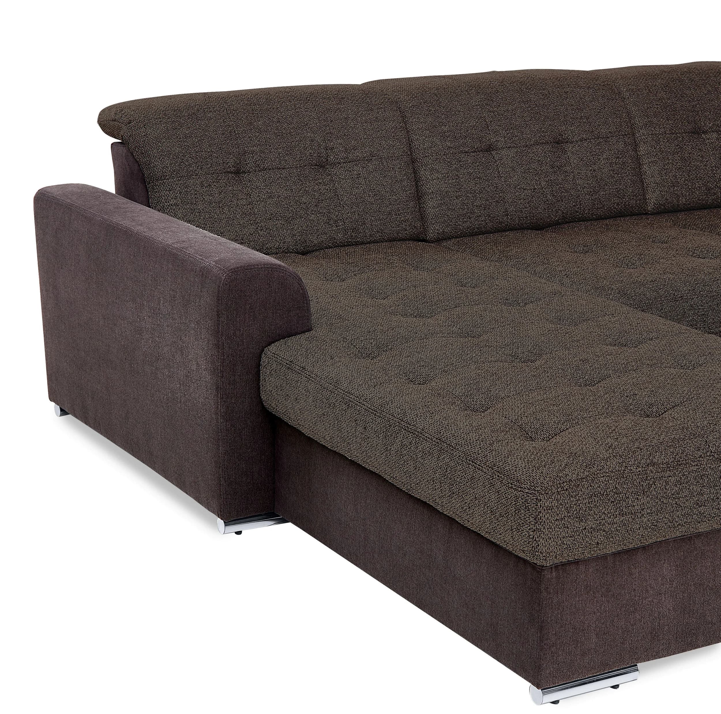 Wohnlandschaft - Longchair links, 3-Sitzer, Ecke rechts inkl. Schlaffunktion, Bettkasten, Kopfteilverstellung, Sitztiefenverstellung in Kunstleder Braun