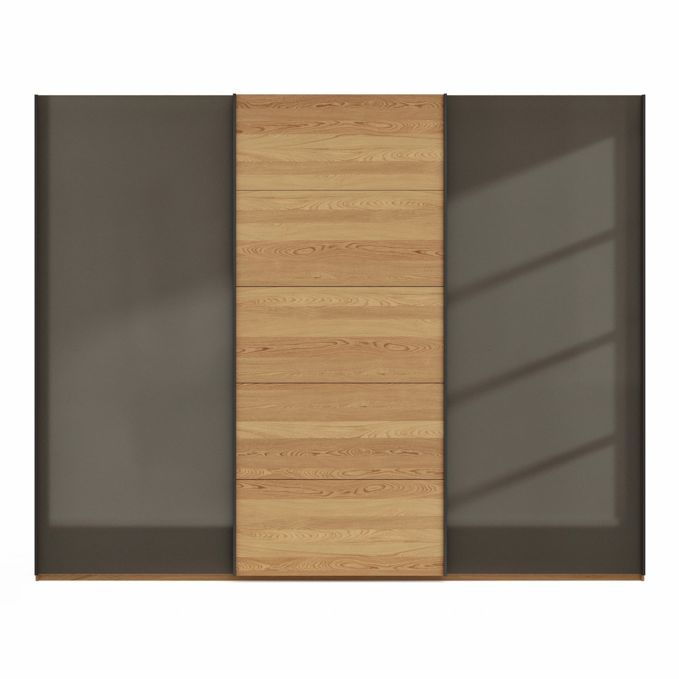 Schwebetürenschrank Lenoso - B. ca. 300 cm, Eiche massiv, Glas Dunkelbraun