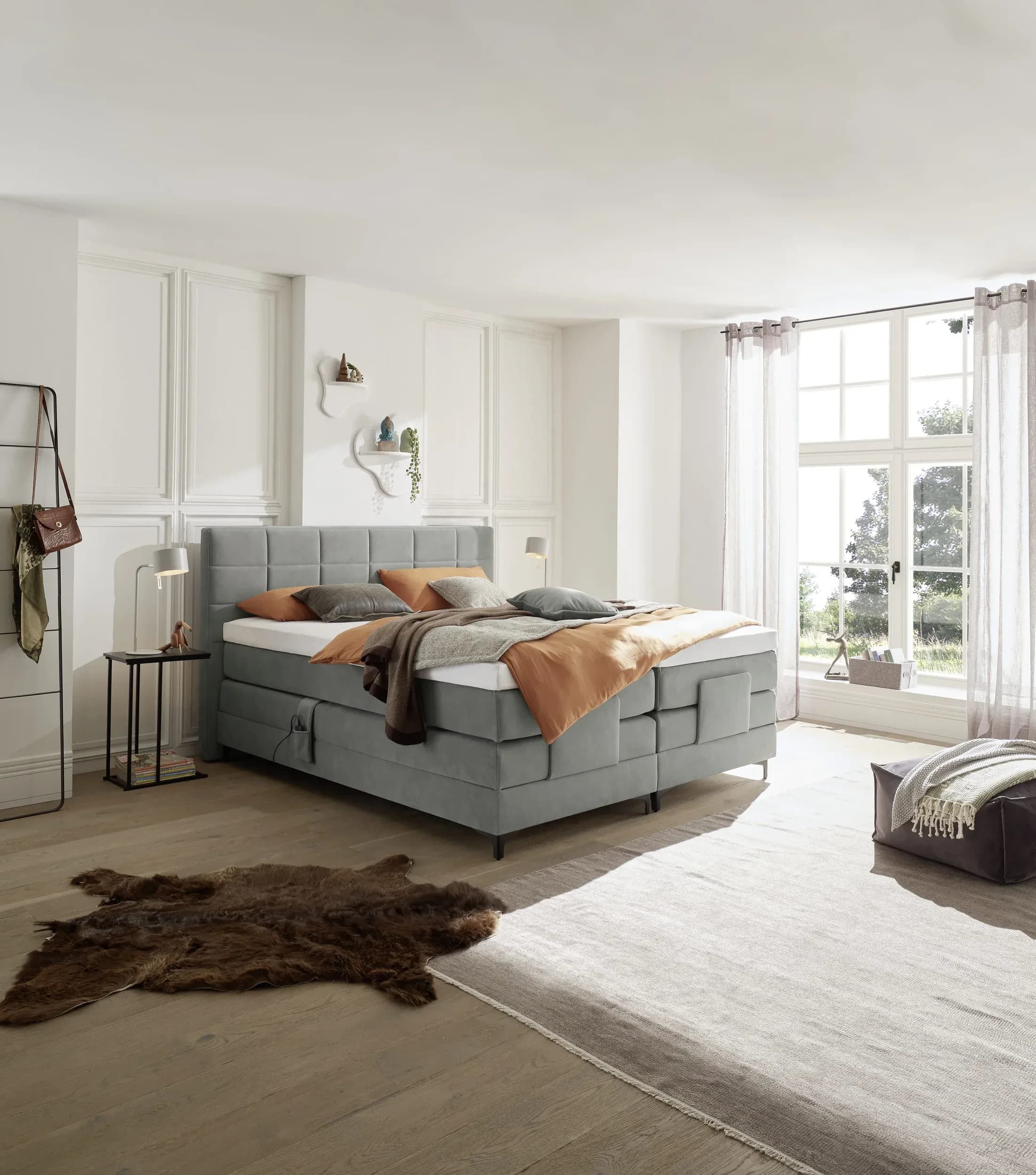 Boxspringbett EM Mirano - mit Motor, Matratze, Topper, Liegefläche ca. 180x200 cm, Stoff, Grau