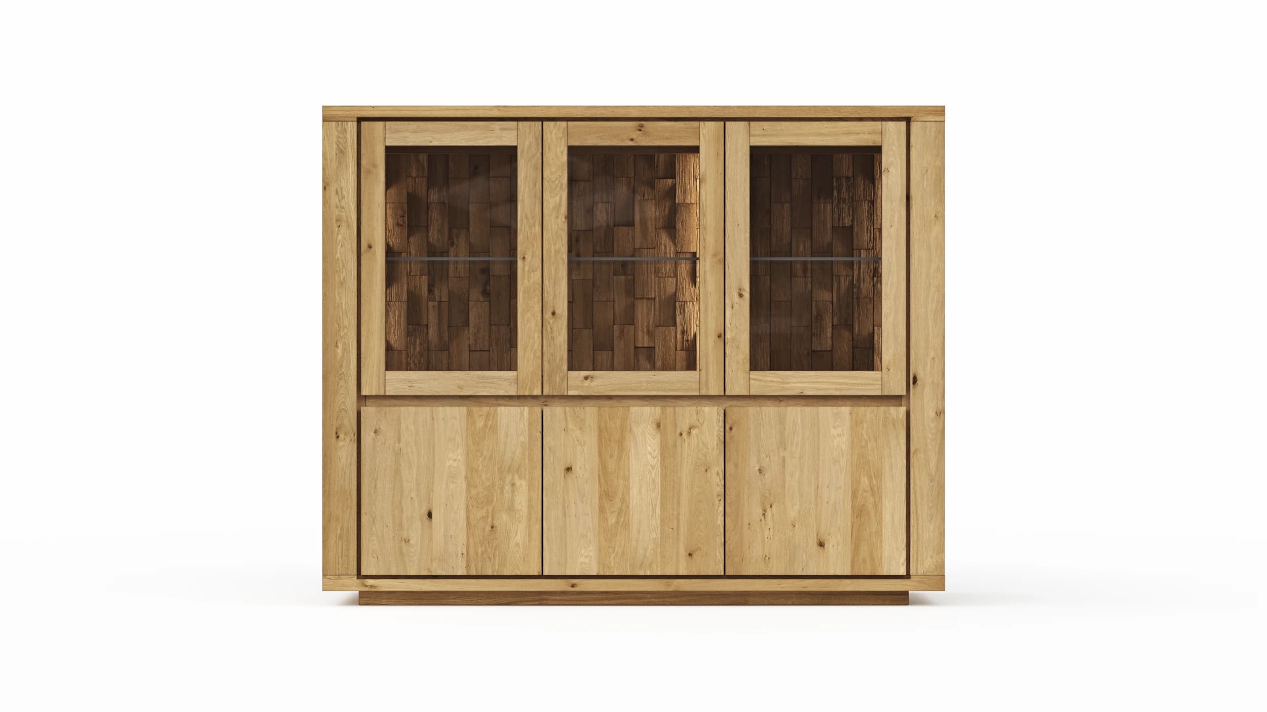 Highboard Bakersfield - inkl. Beleuchtung, Rückwand mit Holzschindeln, Asteiche massiv, geölt