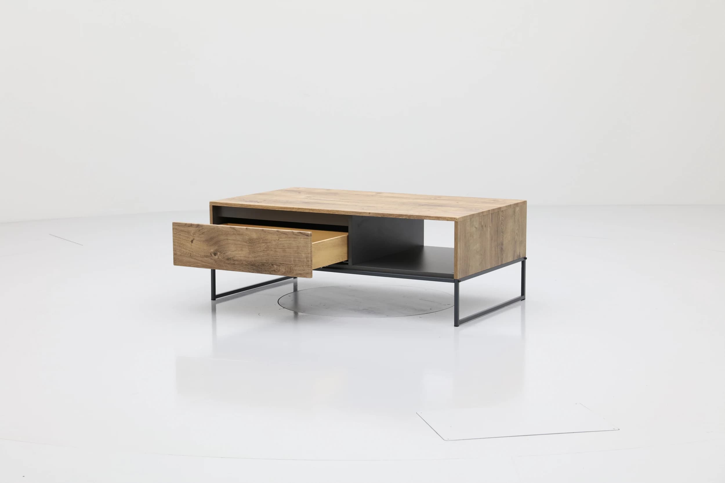 Couchtisch - mit Schubkasten, LBH ca. 115x65x42 cm, Eiche, Metallgestell